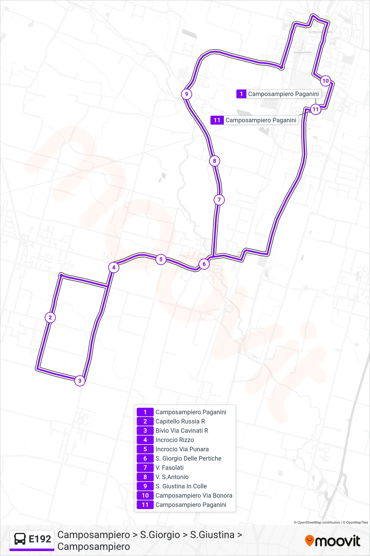 Linea E192 bus (Camposampiero > S.Giorgio > S.Giustina > Camposampiero) - Percorsi e fermate sulla mappa