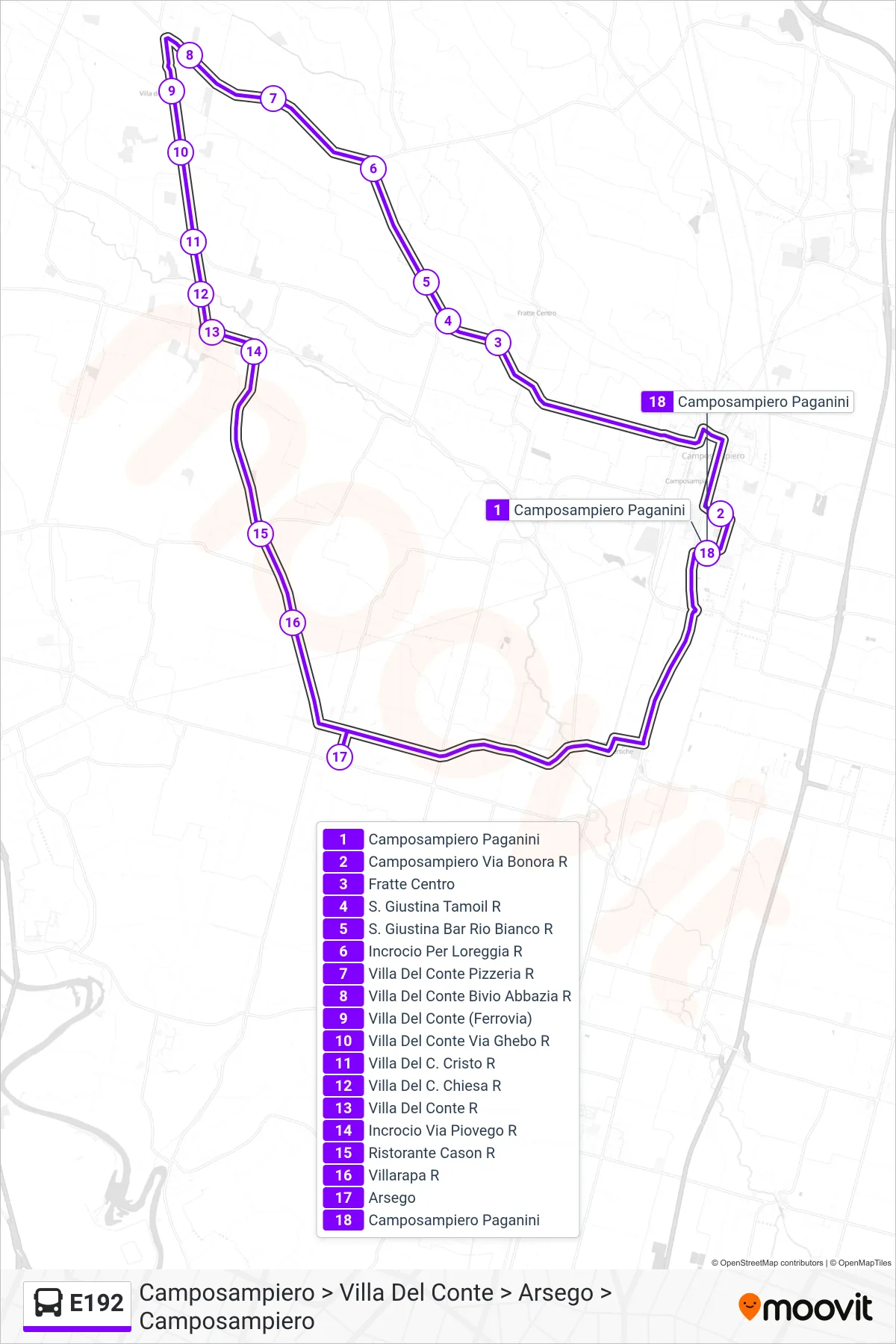 Linea E192  bus (Camposampiero > Villa Del Conte > Arsego > Camposampiero) - Percorsi e fermate sulla mappa