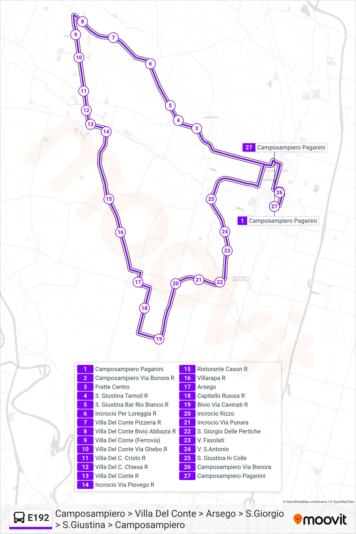Linea E192  bus (Camposampiero > Villa Del Conte > Arsego > S.Giorgio > S.Giustina > Camposampiero) - Percorsi e fermate sulla mappa