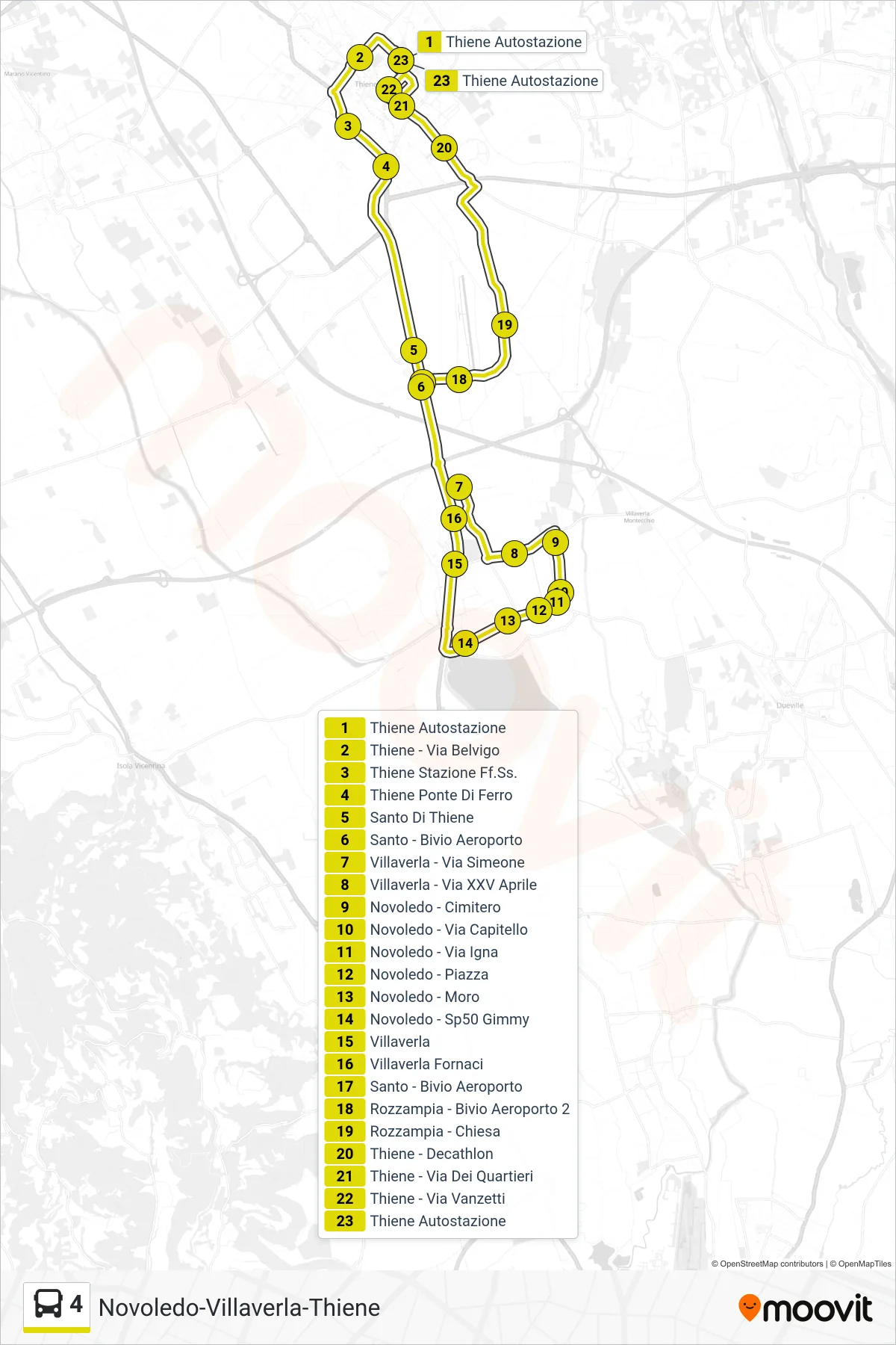 Linea 4 bus (Thiene - Villaverla - Novoledo - Rozzampia - Thiene) - Percorsi e fermate sulla mappa