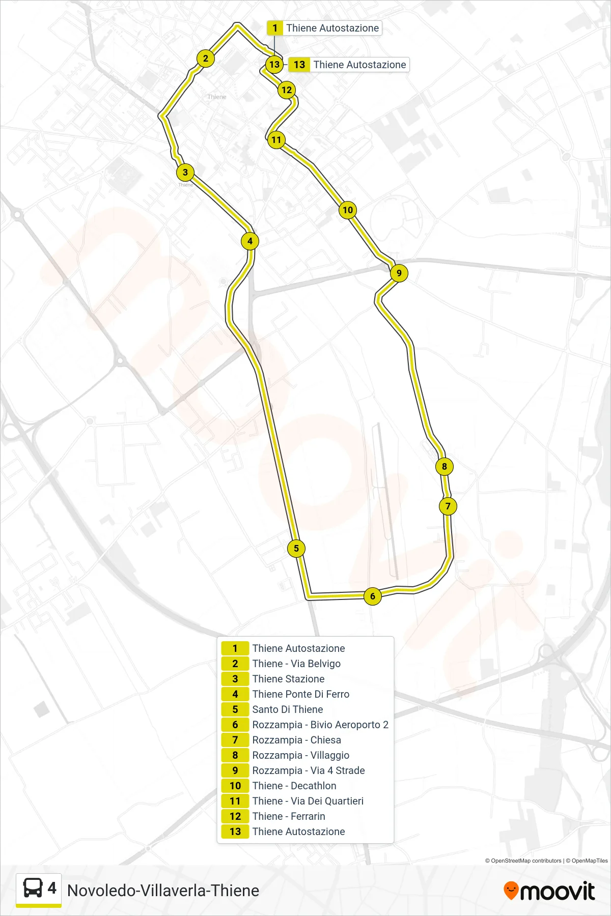 Linea 4 bus (Thiene Bassani) - Percorsi e fermate sulla mappa