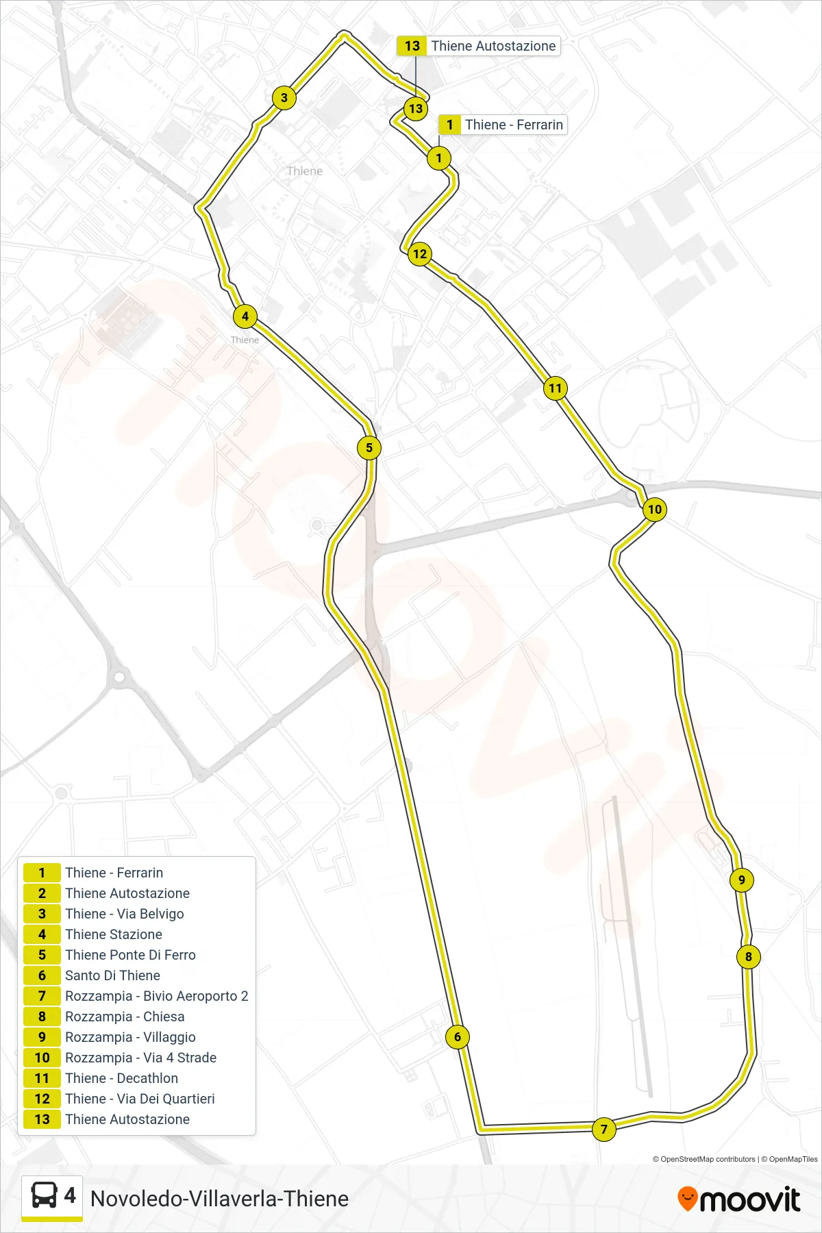 Linea 4 bus (Thiene Ferrarin - Thiene - Santo Di Thiene - Rozzampia - Thiene) - Percorsi e fermate sulla mappa