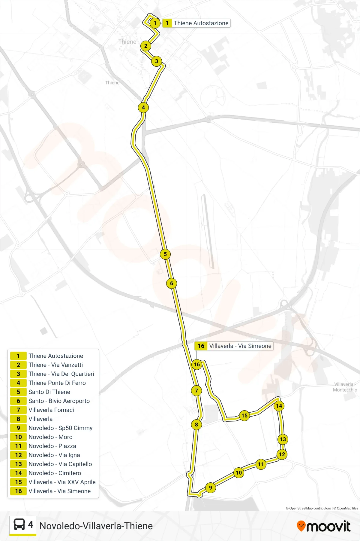 Linea 4  bus (Thiene - Santo Di Thiene - Villaverla - Novoledo Cimitero - Villaverla) - Percorsi e fermate sulla mappa