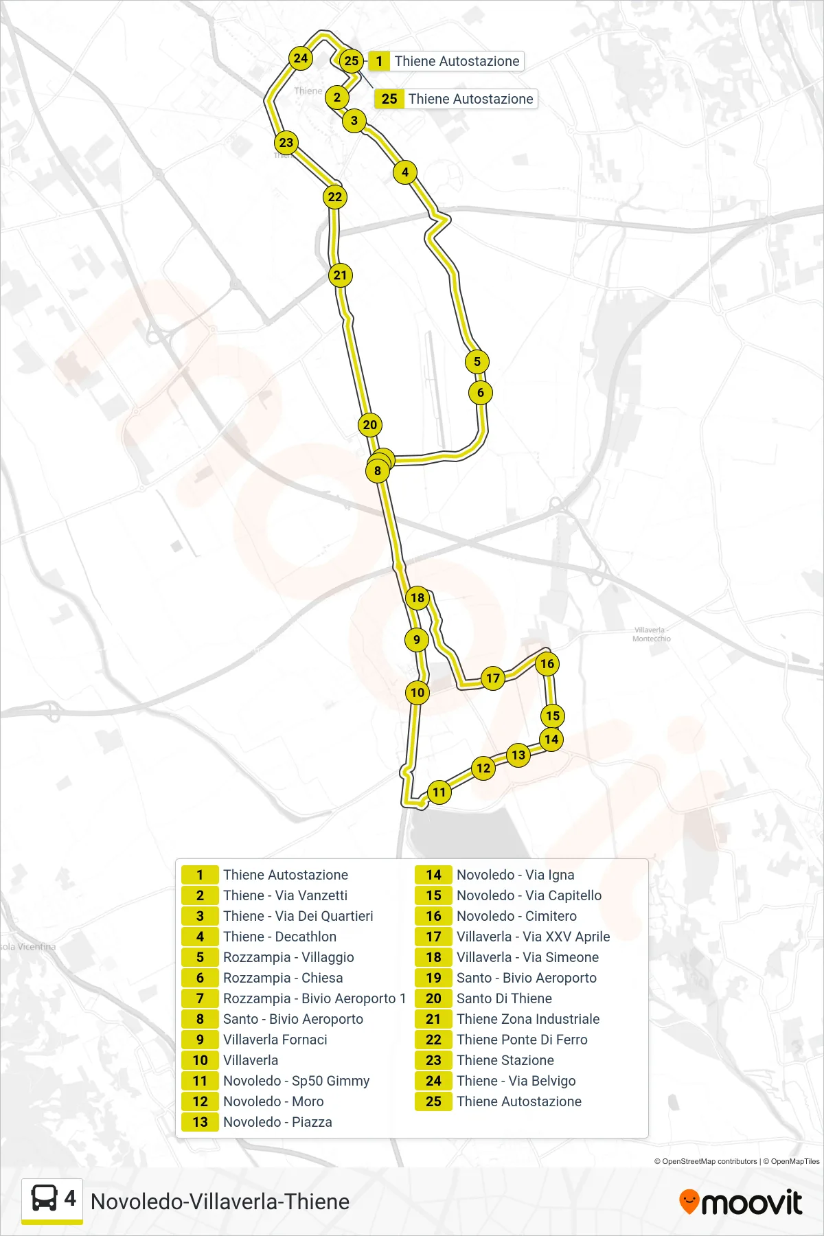 Linea 4 bus (Thiene - Rozzampia - Villaverla - Novoledo - Thiene Stazione - Thiene) - Percorsi e fermate sulla mappa