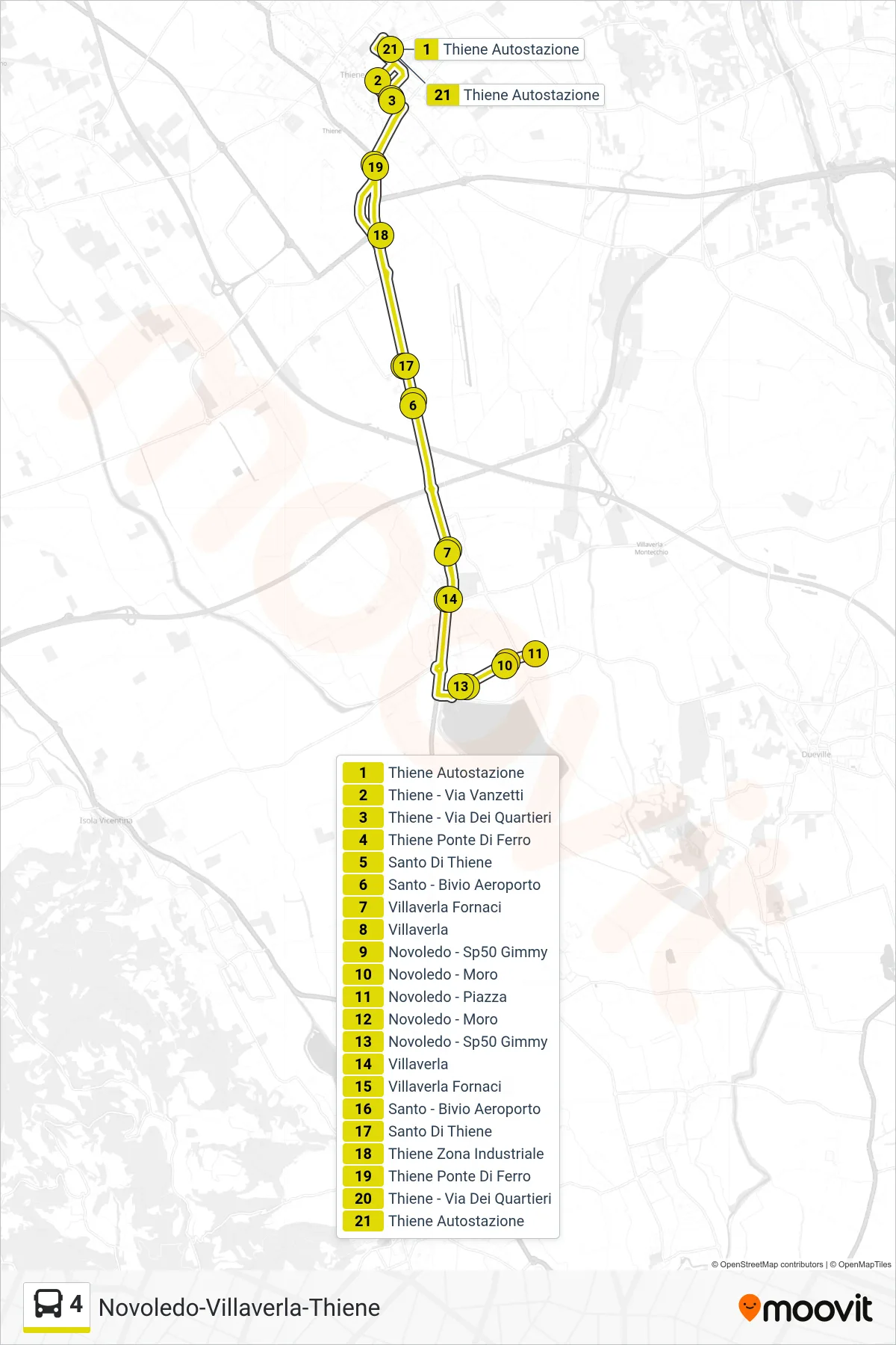 Linea 4 bus (Thiene - Santo Di Thiene - Villaverla - Novoledo Piazza - Villaverla - Thiene) - Percorsi e fermate sulla mappa