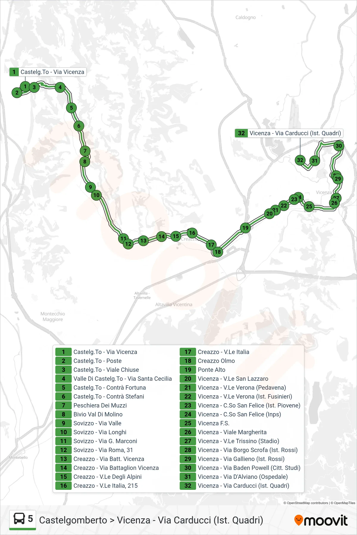 Linea 5 bus (Castelgomberto > Vicenza - Via Carducci (Ist. Quadri)) - Percorsi e fermate sulla mappa