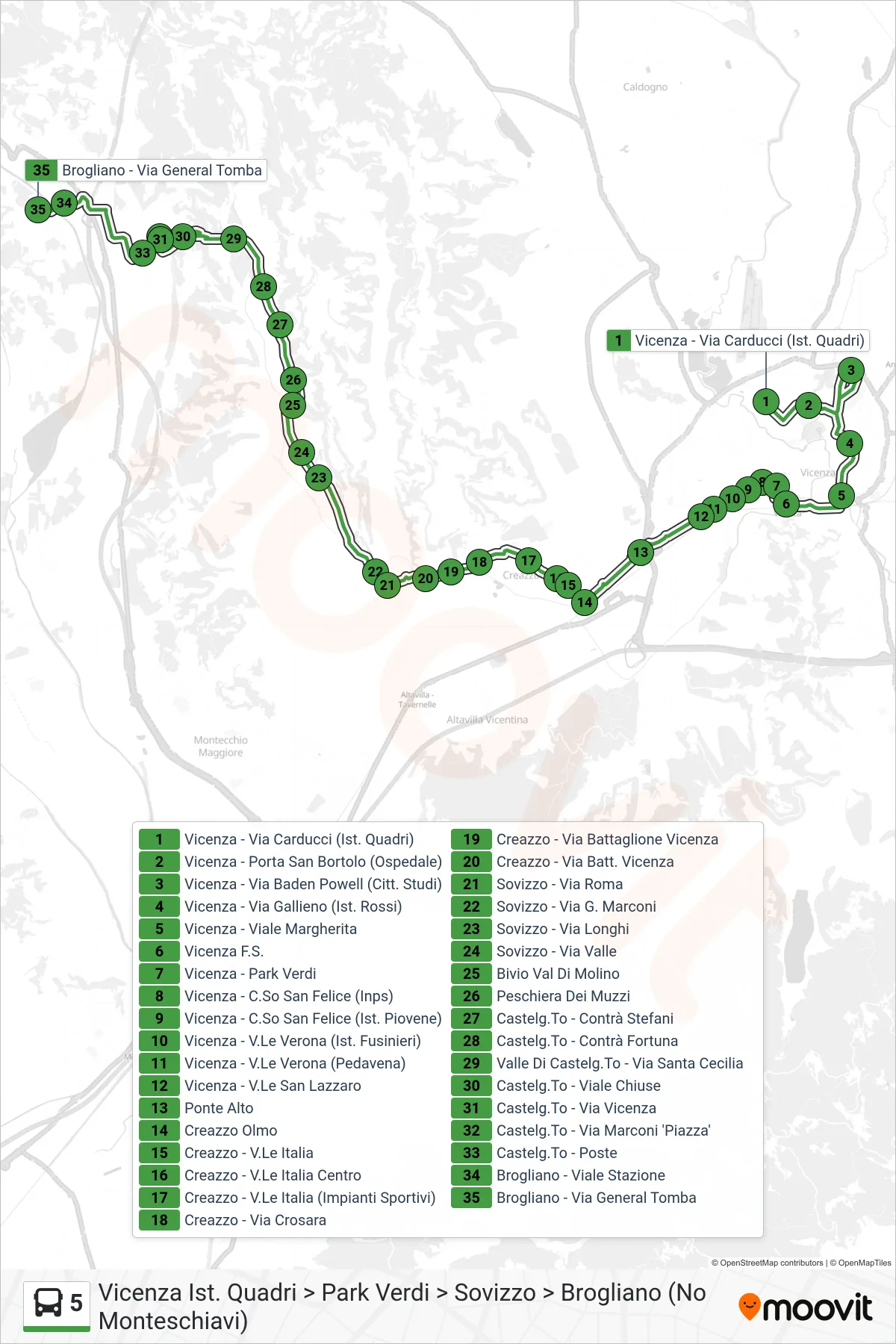 Linea 5  bus (Vicenza Ist. Quadri > Park Verdi > Sovizzo > Brogliano (No Monteschiavi)) - Percorsi e fermate sulla mappa