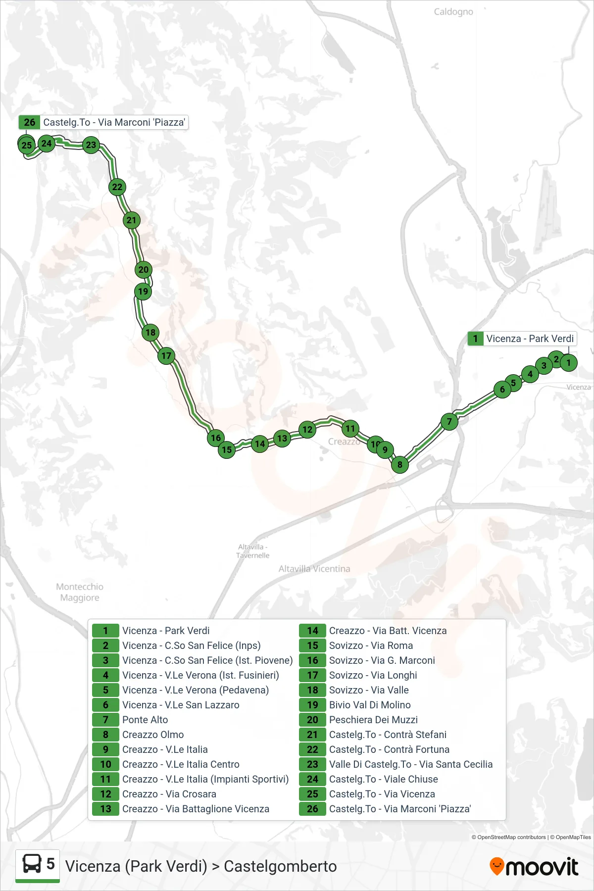 Linea 5 bus (Vicenza (Park Verdi) > Castelgomberto) - Percorsi e fermate sulla mappa