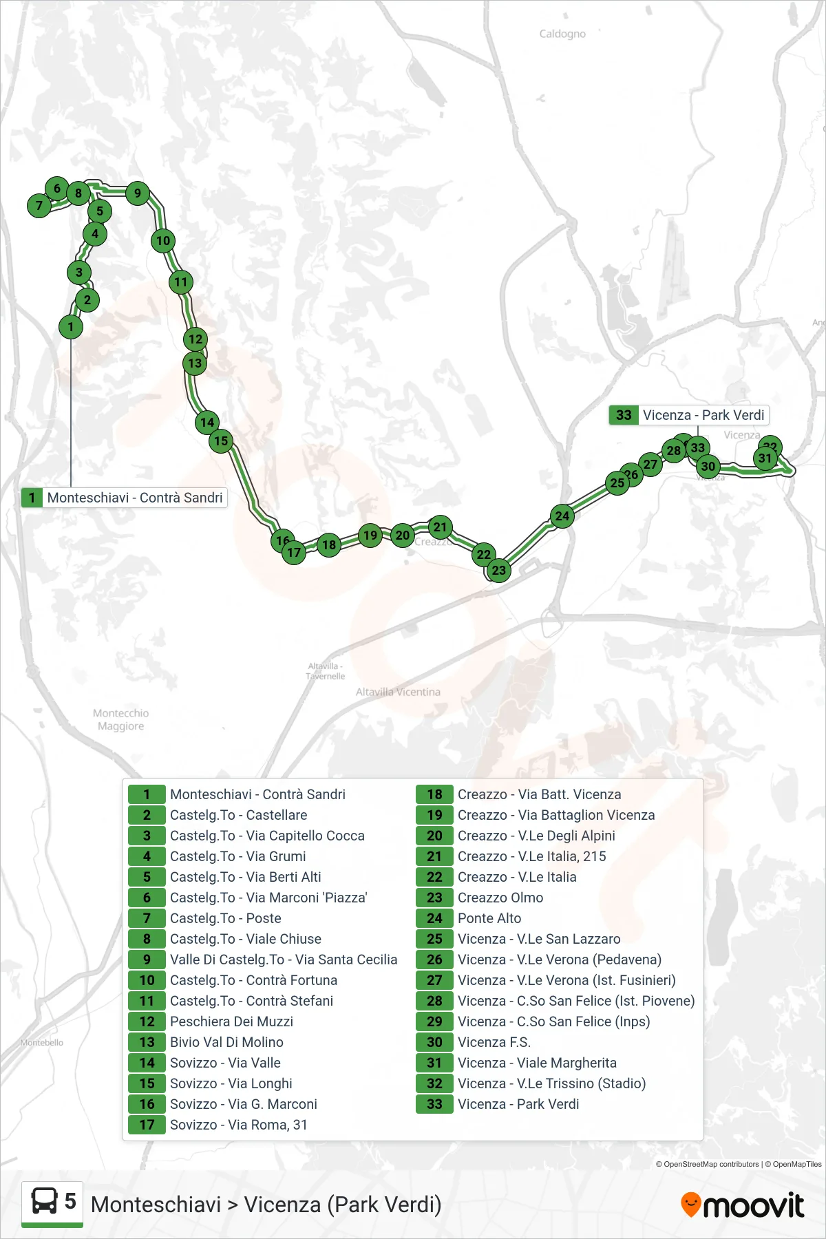 Linea 5 bus (Monteschiavi > Vicenza (Park Verdi)) - Percorsi e fermate sulla mappa