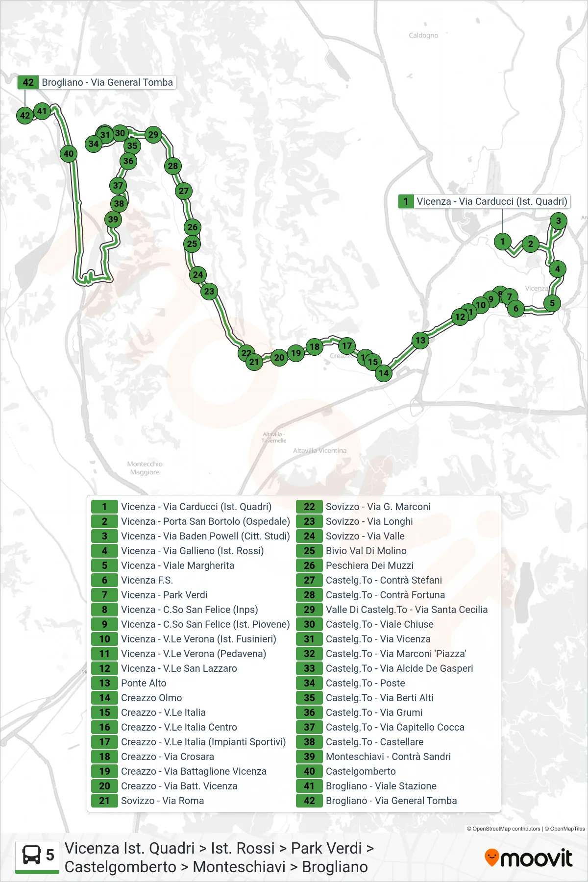 Linea 5 bus (Vicenza Ist. Quadri > Ist. Rossi > Park Verdi > Castelgomberto > Monteschiavi > Brogliano) - Percorsi e fermate sulla mappa