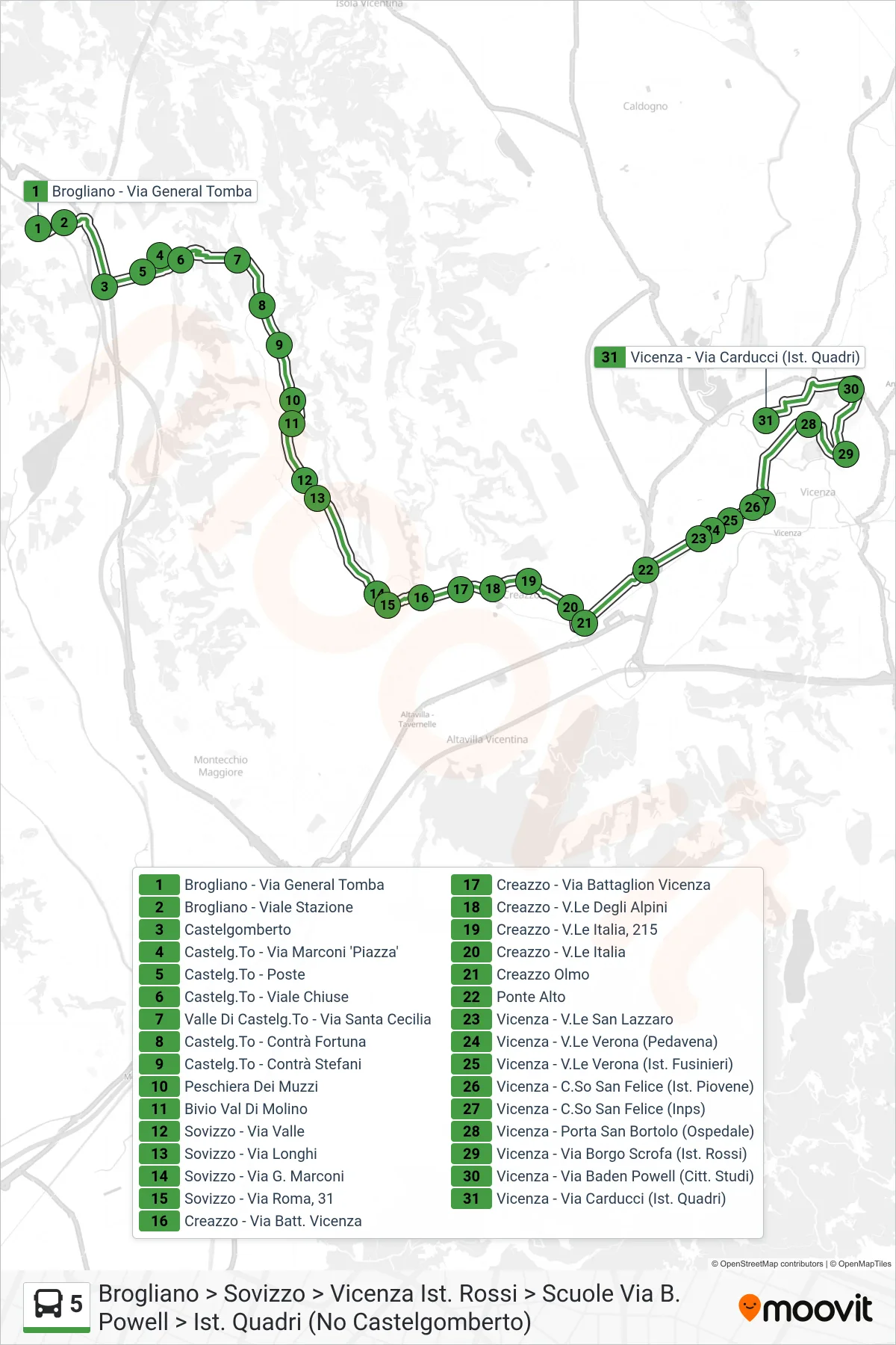 Linea 5 bus (Brogliano > Sovizzo > Vicenza Ist. Rossi > Scuole Via B. Powell > Ist. Quadri (No Castelgomberto)) - Percorsi e fermate sulla mappa