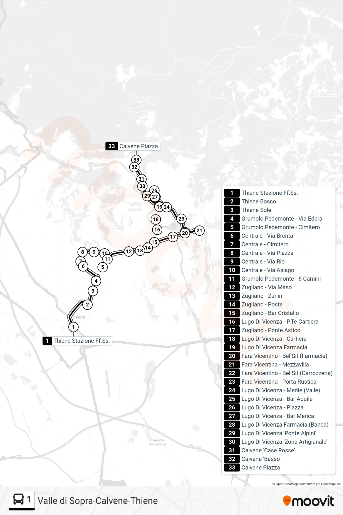 Linea 1 bus (Calvene) - Percorsi e fermate sulla mappa
