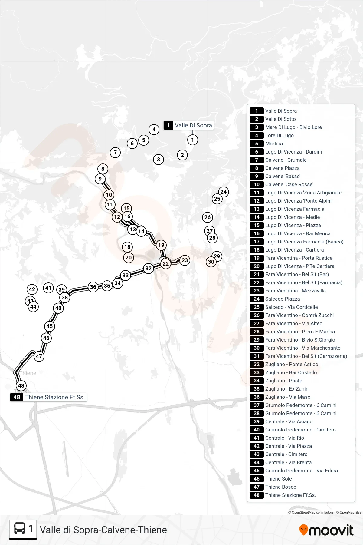 Linea 1 bus (Thiene Stazione FS) - Percorsi e fermate sulla mappa