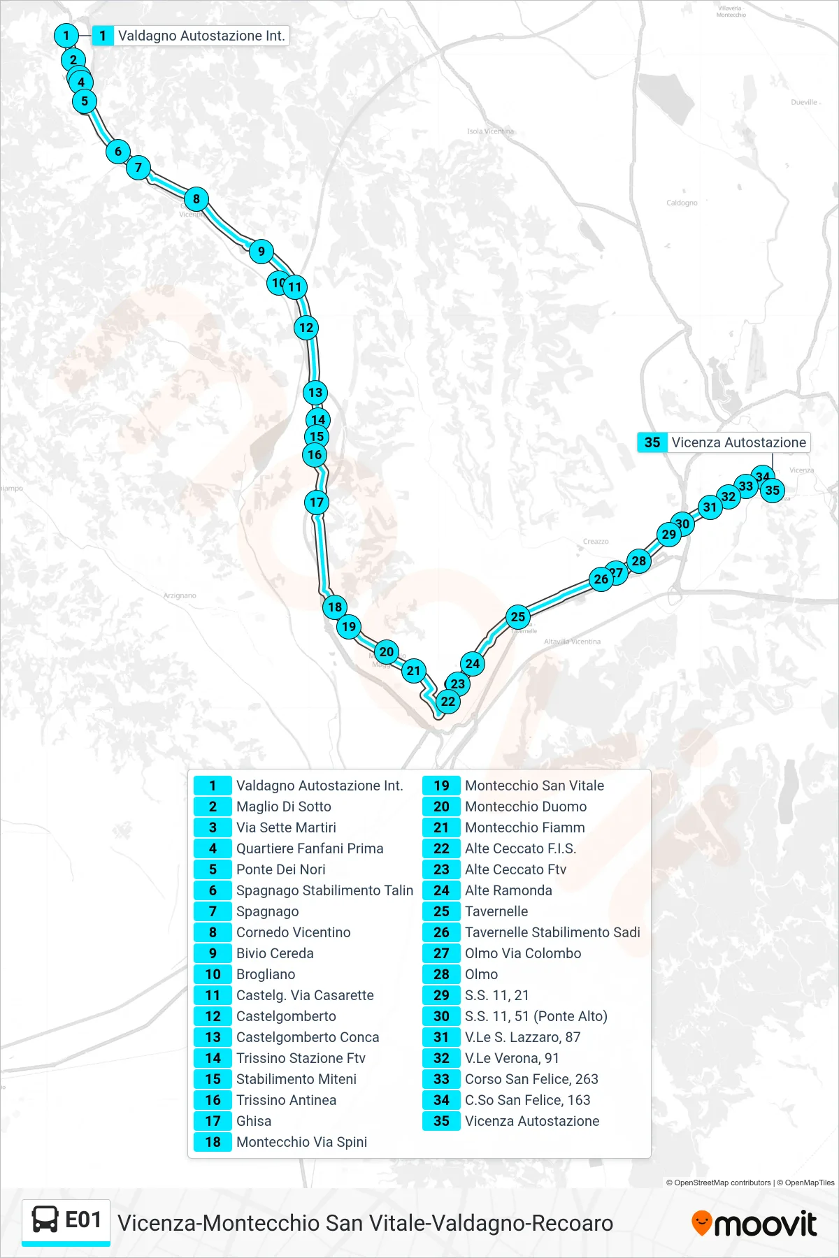 Linea E01 bus (Valdagno > Alte Ceccato Fis > Vicenza Autostazione) - Percorsi e fermate sulla mappa