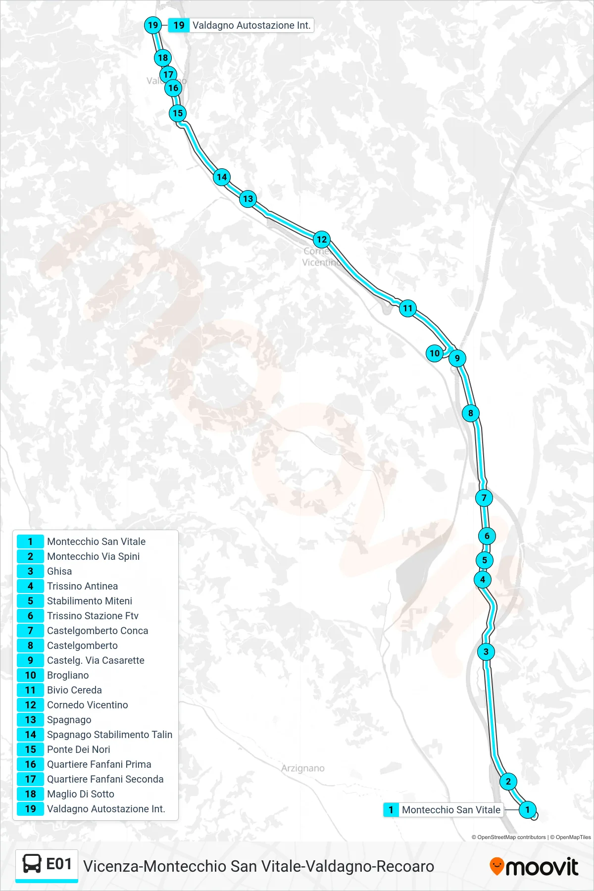 E01 bus Line (Montecchio San Vitale > Valdagno Bus Station) route and stops on a map