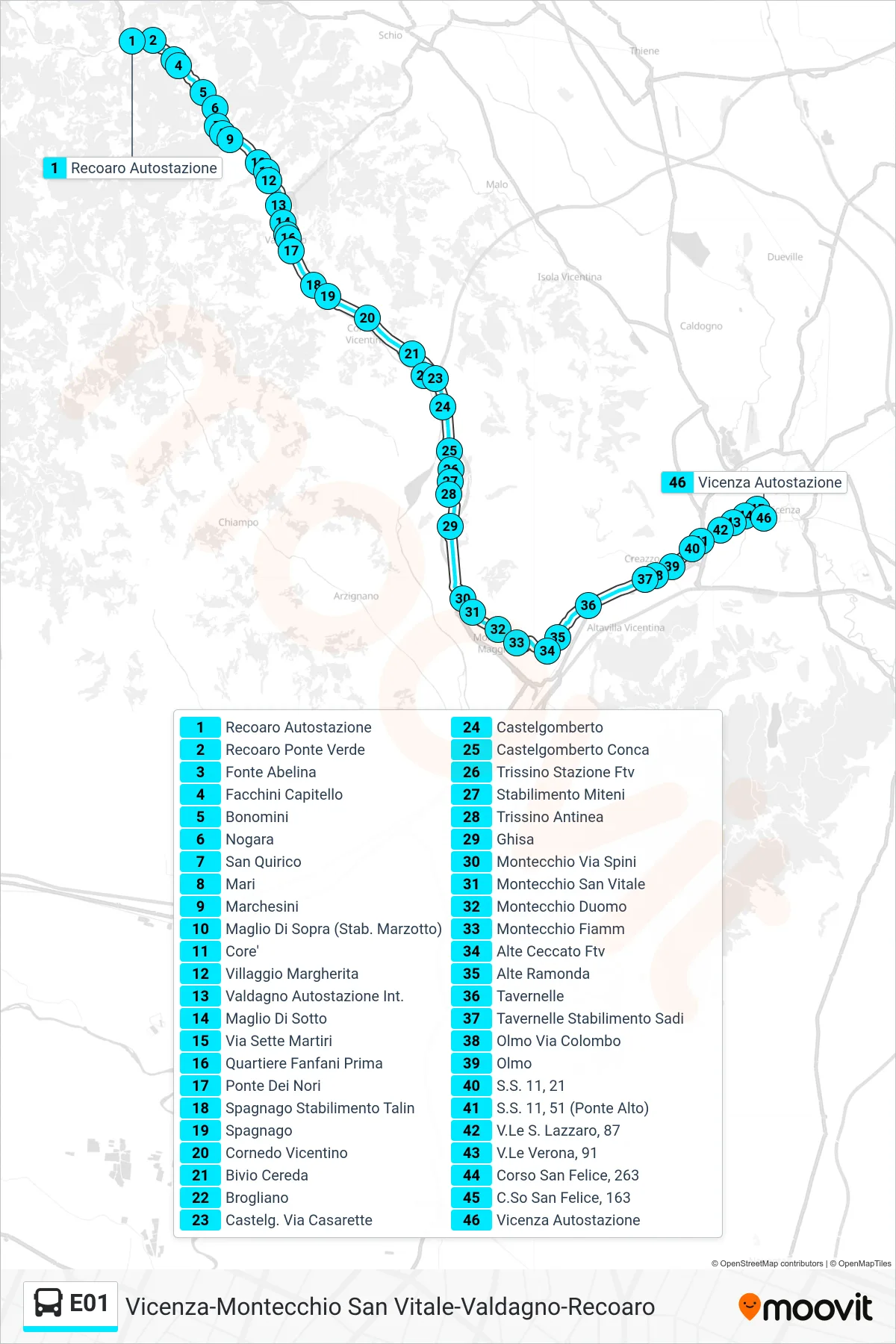 Linea E01 bus (Recoaro > Vicenza Autostazione) - Percorsi e fermate sulla mappa