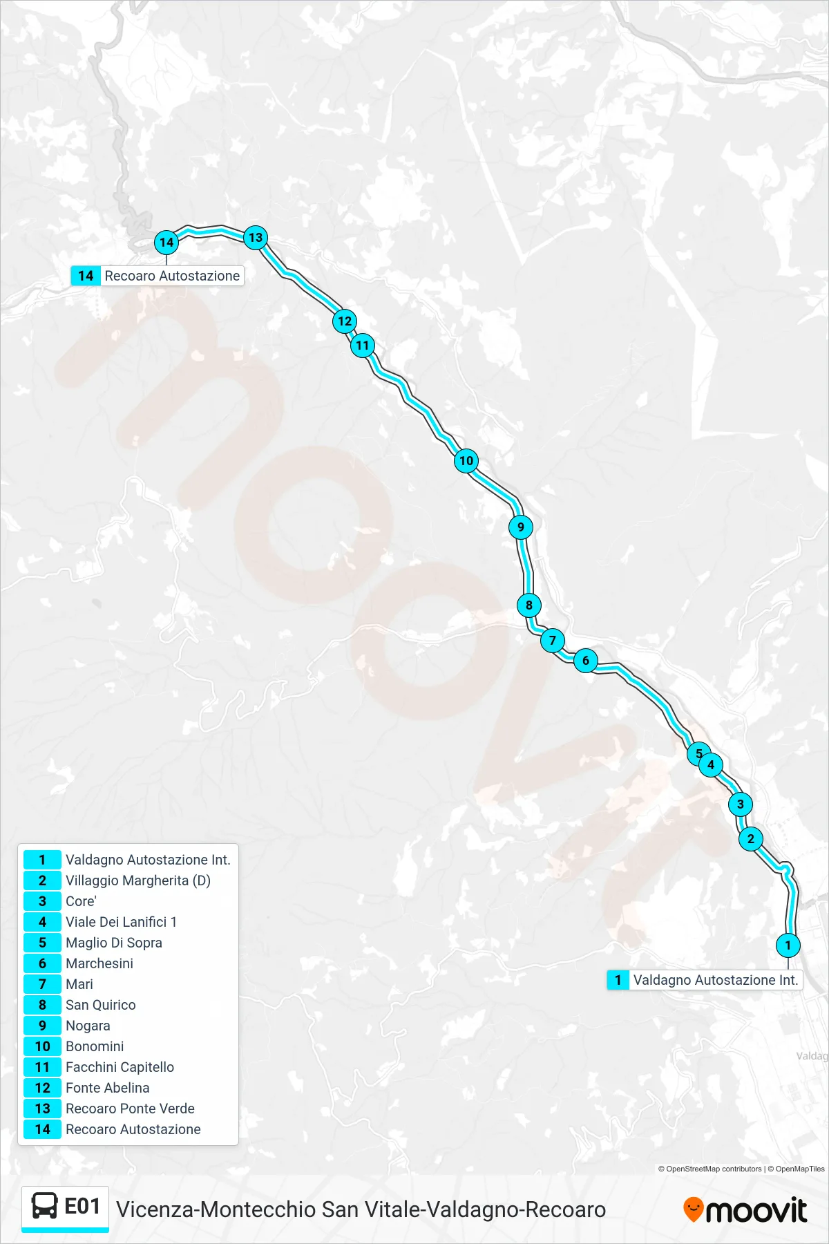 Linea E01  bus (Valdagno Autostazione > Recoaro) - Percorsi e fermate sulla mappa