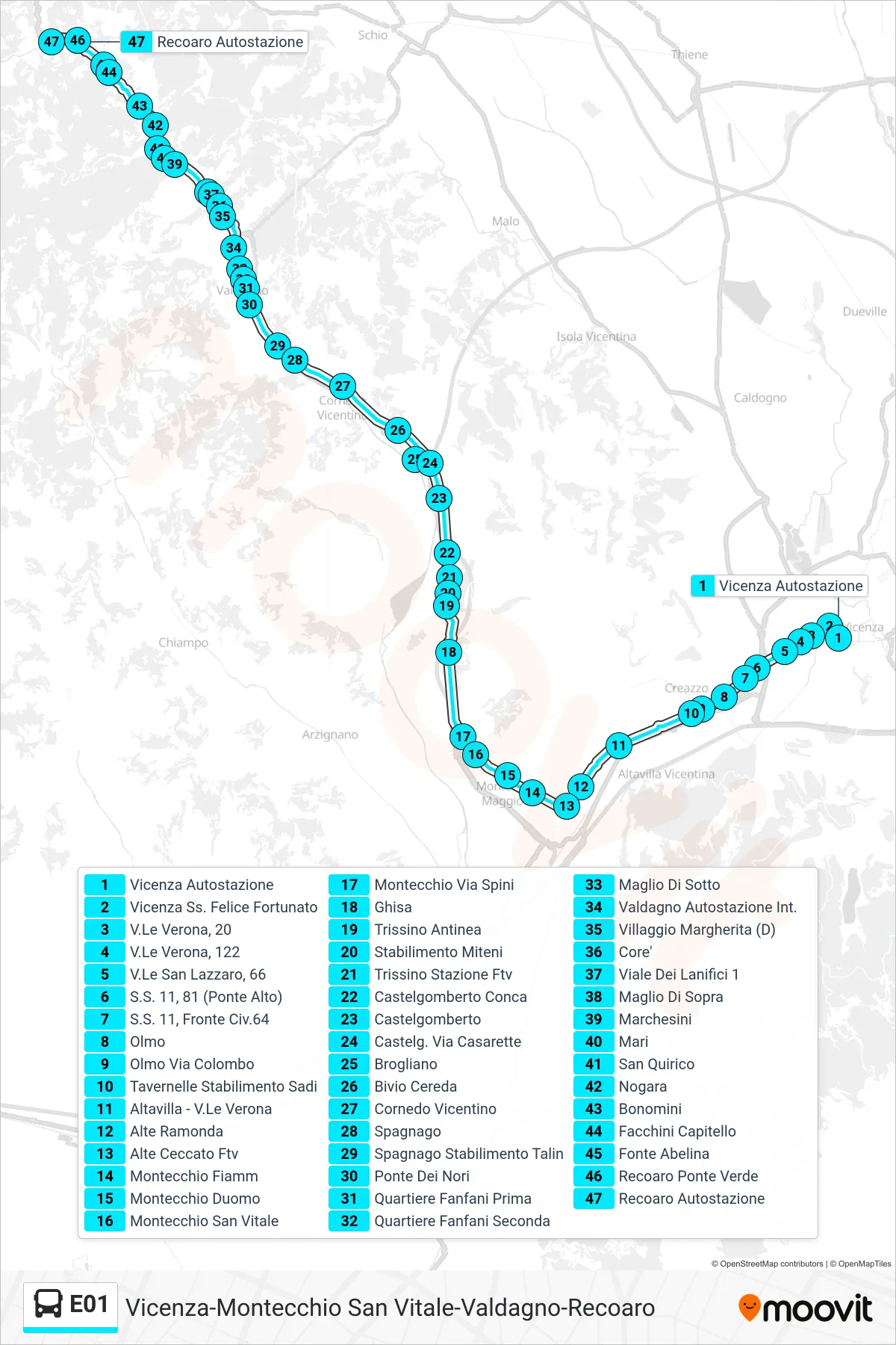 Linea E01  bus (Vicenza Autostazione > Recoaro) - Percorsi e fermate sulla mappa
