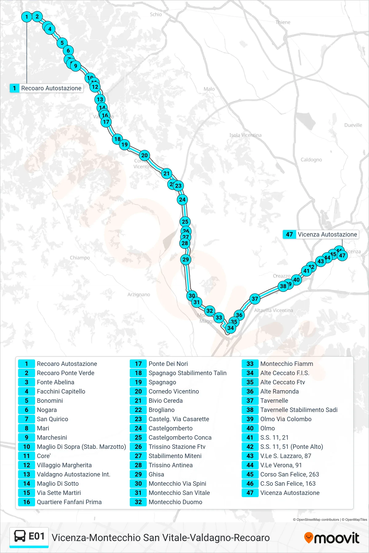 Linea E01 bus (Recoaro > Alte Ceccato Fis > Vicenza Autostazione) - Percorsi e fermate sulla mappa