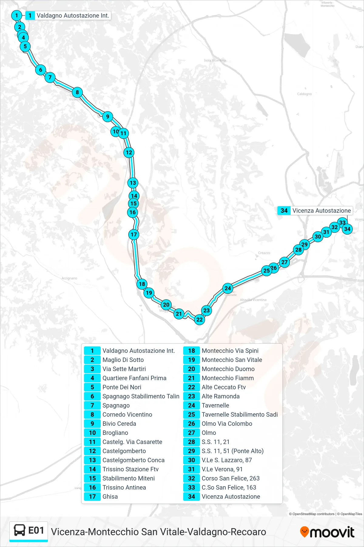 Linea E01 bus (Valdagno > Vicenza Autostazione) - Percorsi e fermate sulla mappa