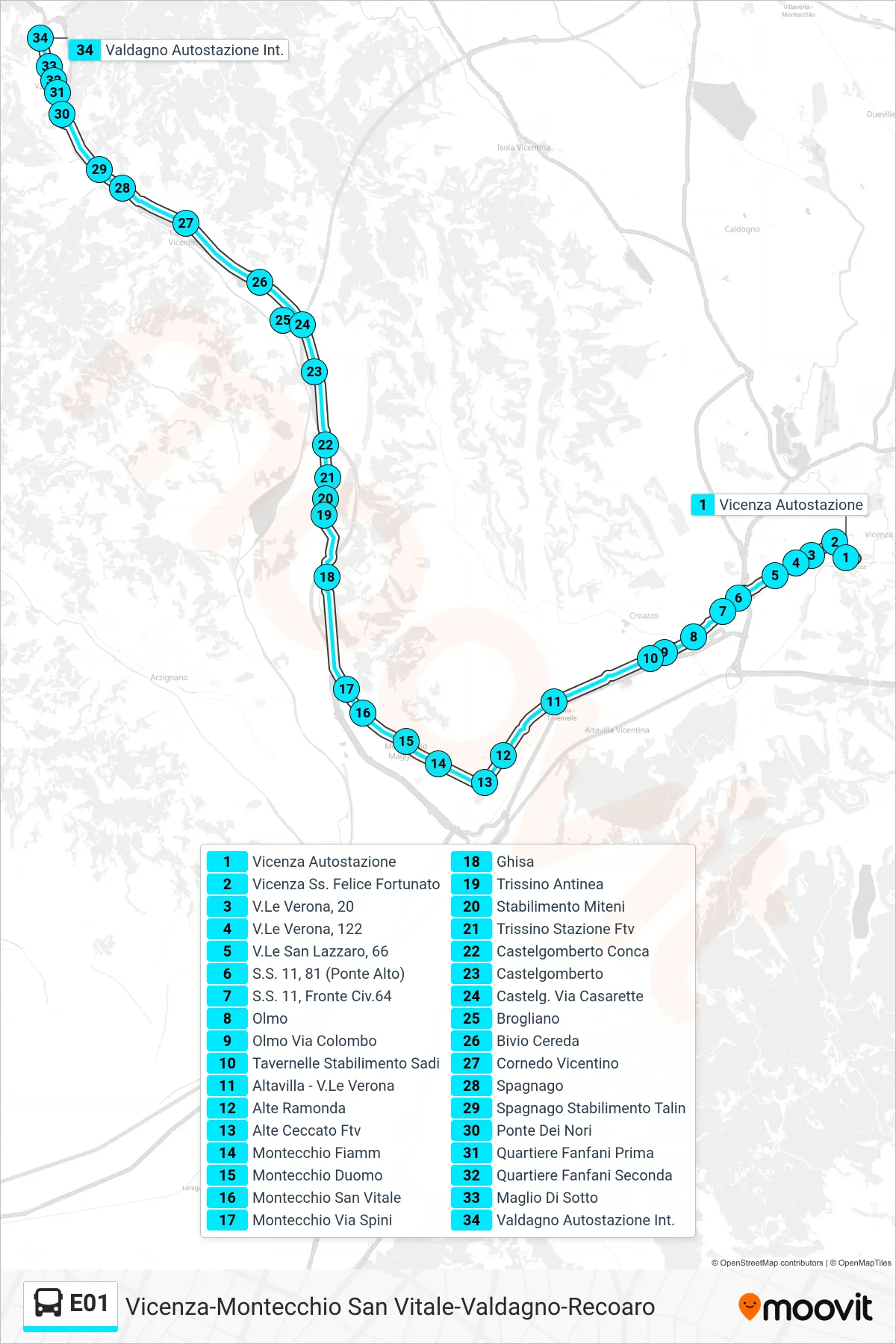 Linea E01 bus (Vicenza > Valdagno Autostazione) - Percorsi e fermate sulla mappa