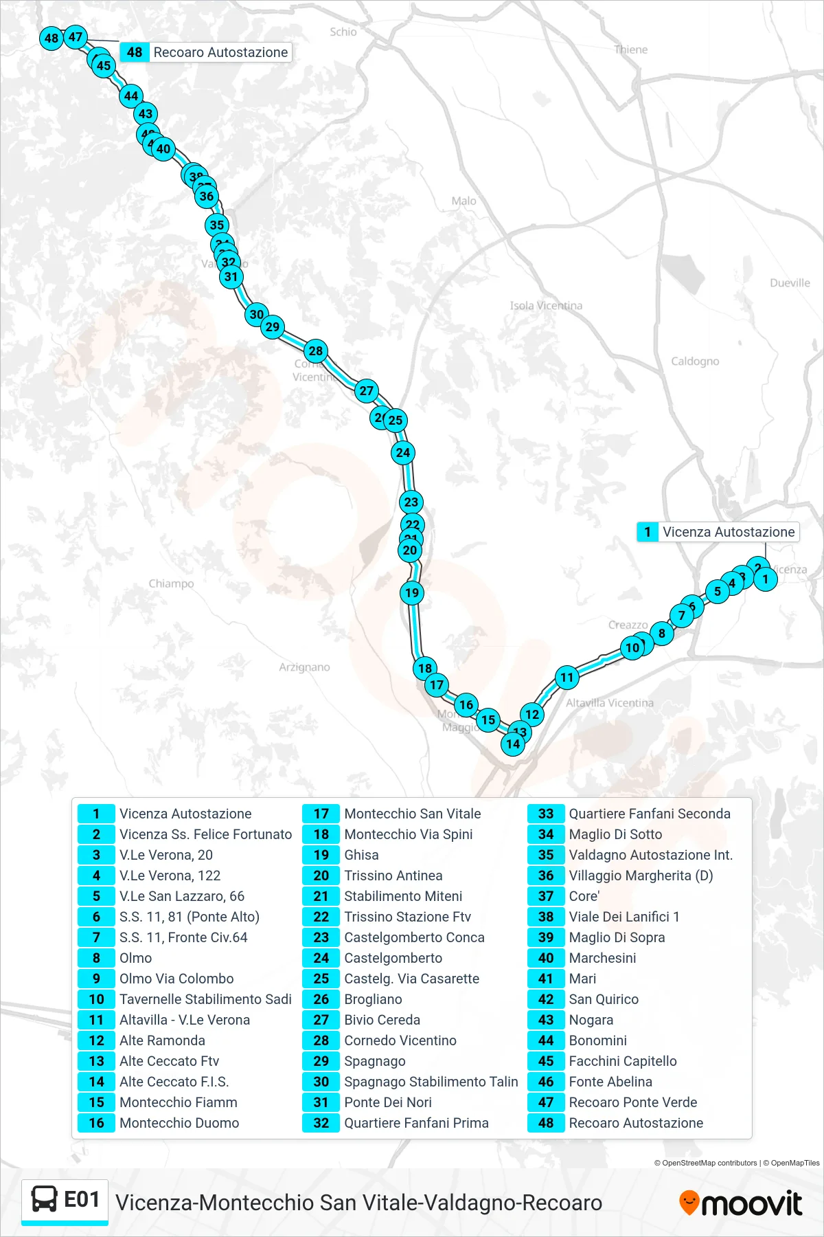 Linea E01 bus (Vicenza Autostazione > Alte Ceccato Fis > Recoaro) - Percorsi e fermate sulla mappa