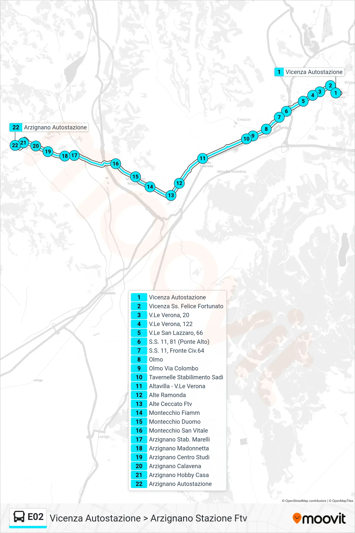 E02 bus Line (Vicenza Bus Station to Arzignano FTV Station) route and stops on a map