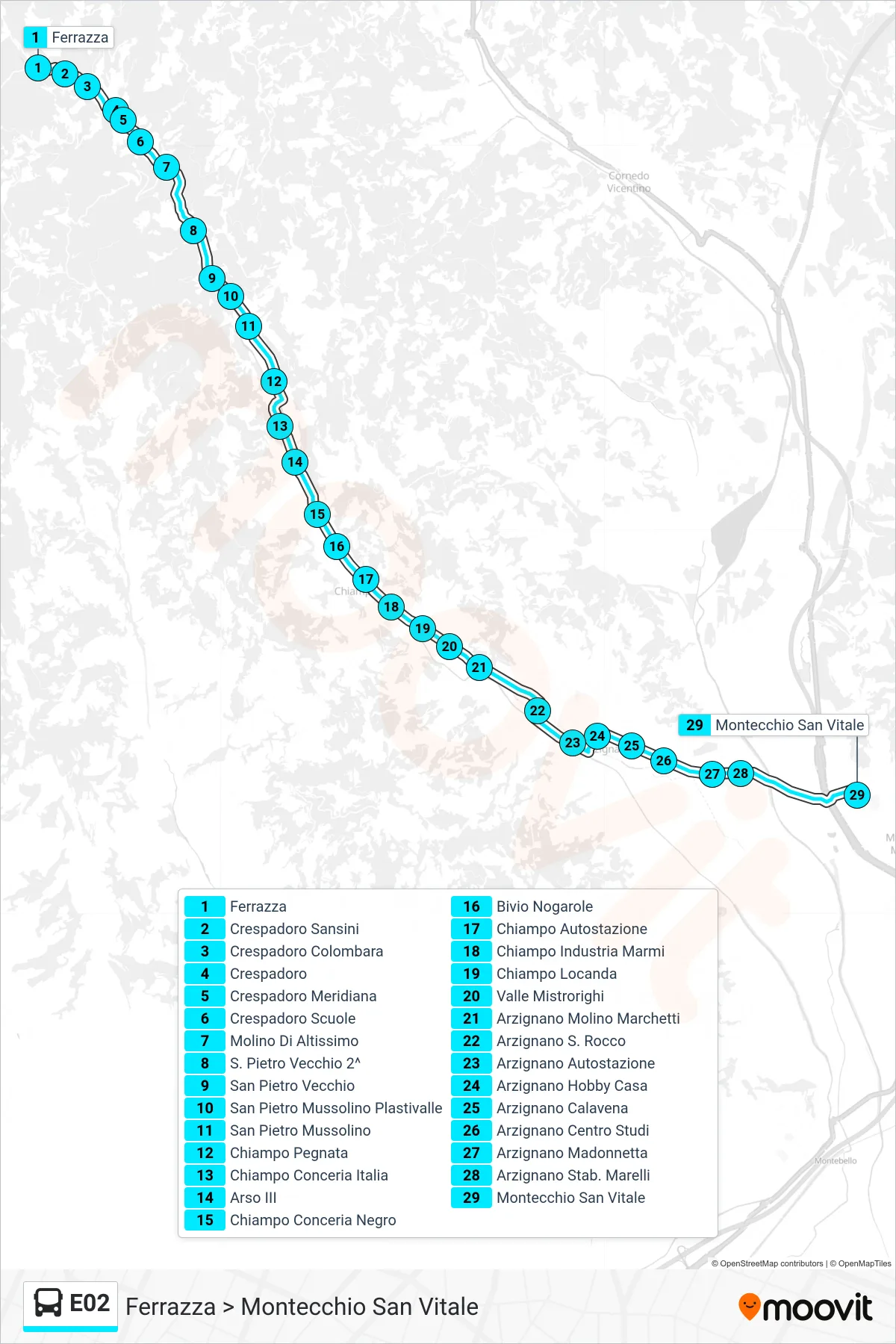 Linea E02  bus (Ferrazza > Montecchio San Vitale) - Percorsi e fermate sulla mappa