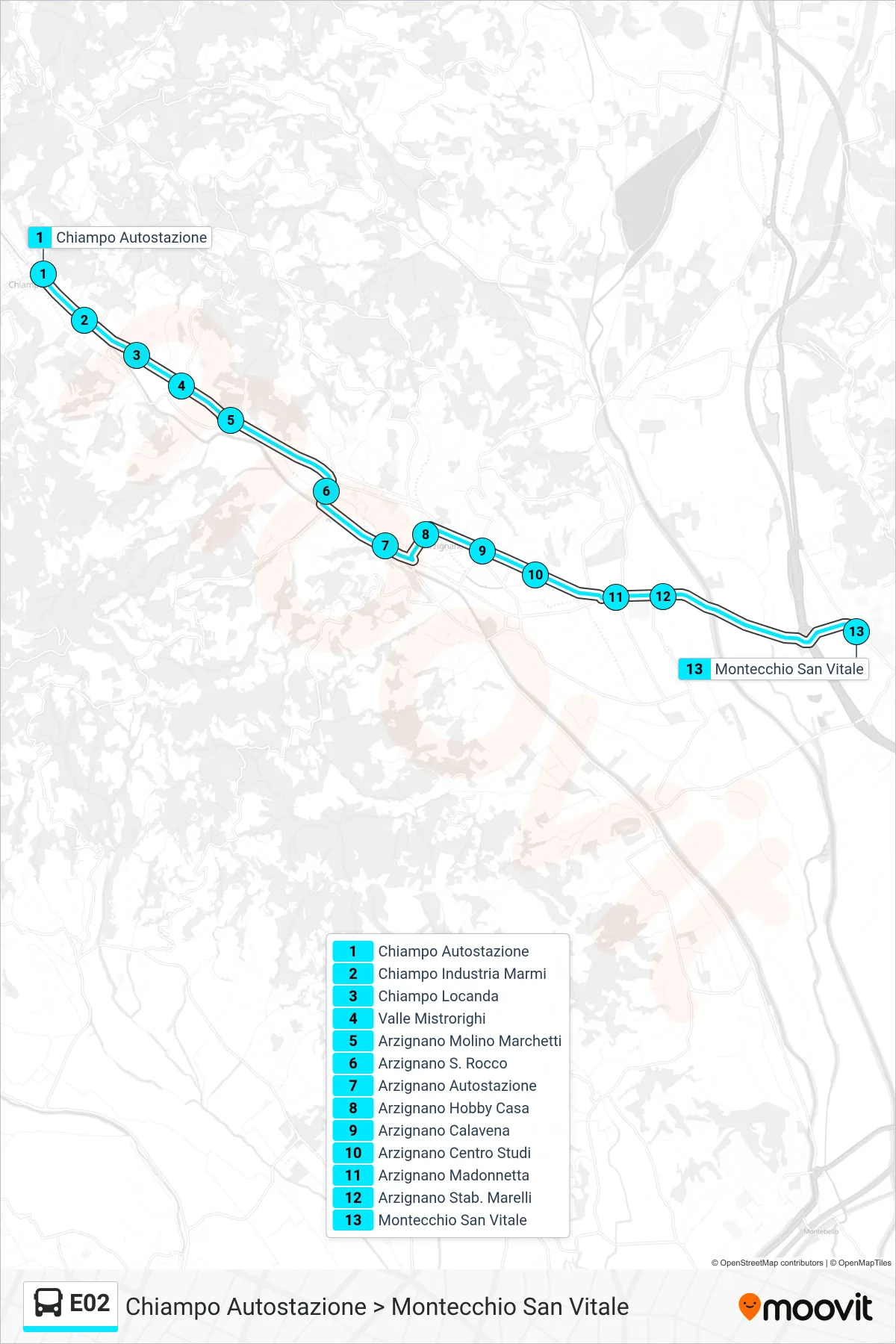 Linea E02 bus (Chiampo Autostazione > Montecchio San Vitale) - Percorsi e fermate sulla mappa