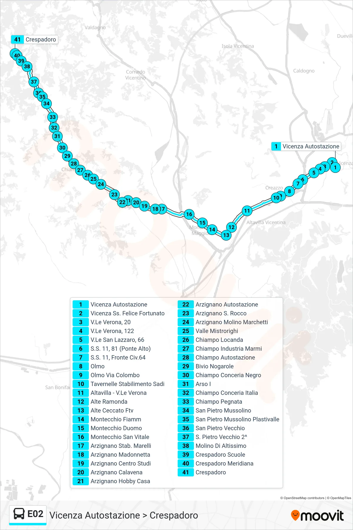 Linea E02 bus (Vicenza Autostazione > Crespadoro) - Percorsi e fermate sulla mappa