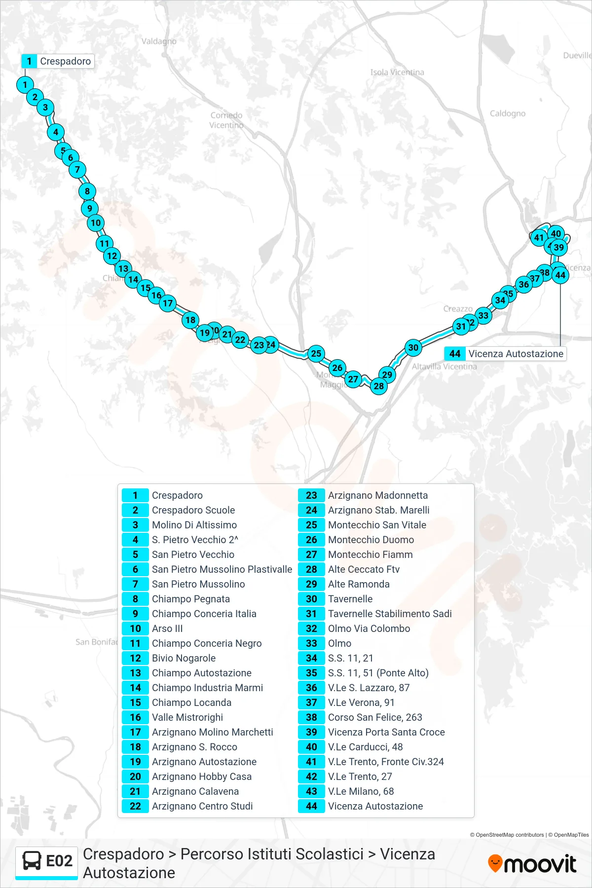 Linea E02 bus (Crespadoro > Percorso Istituti Scolastici > Vicenza Autostazione) - Percorsi e fermate sulla mappa