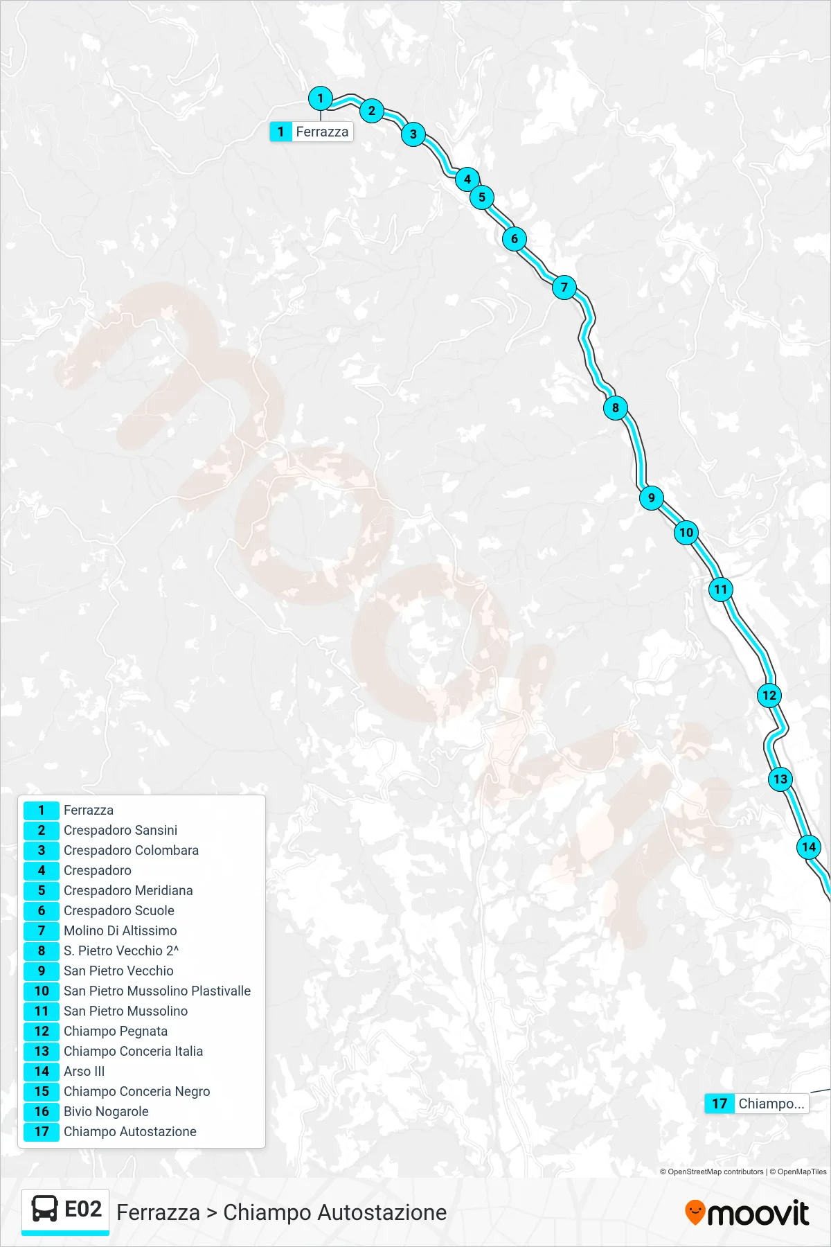 Linea E02 bus (Ferrazza > Chiampo Autostazione) - Percorsi e fermate sulla mappa