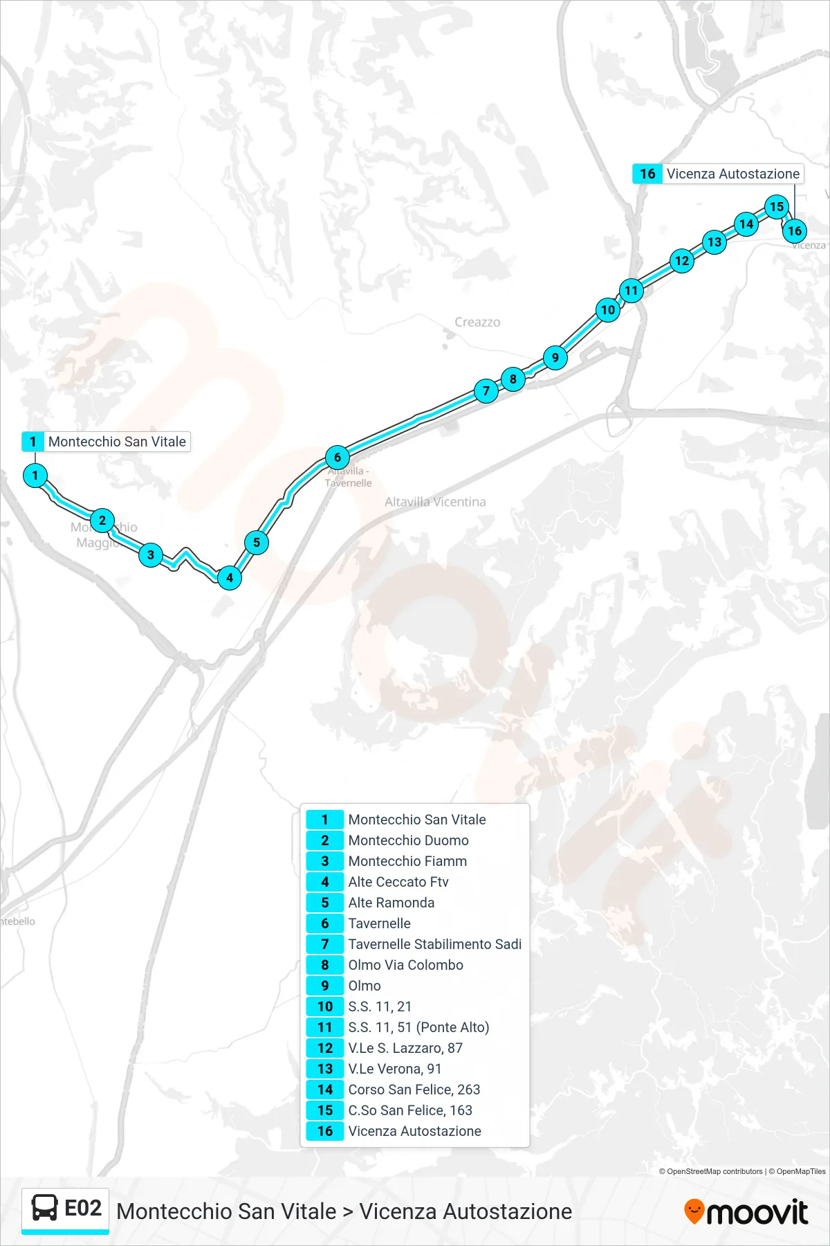Linea E02 bus (Montecchio San Vitale > Vicenza Autostazione) - Percorsi e fermate sulla mappa