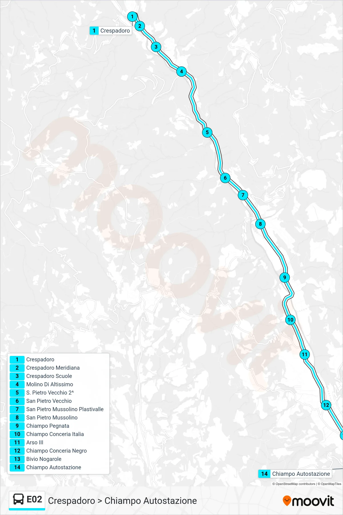 Linea E02 bus (Crespadoro > Chiampo Autostazione) - Percorsi e fermate sulla mappa