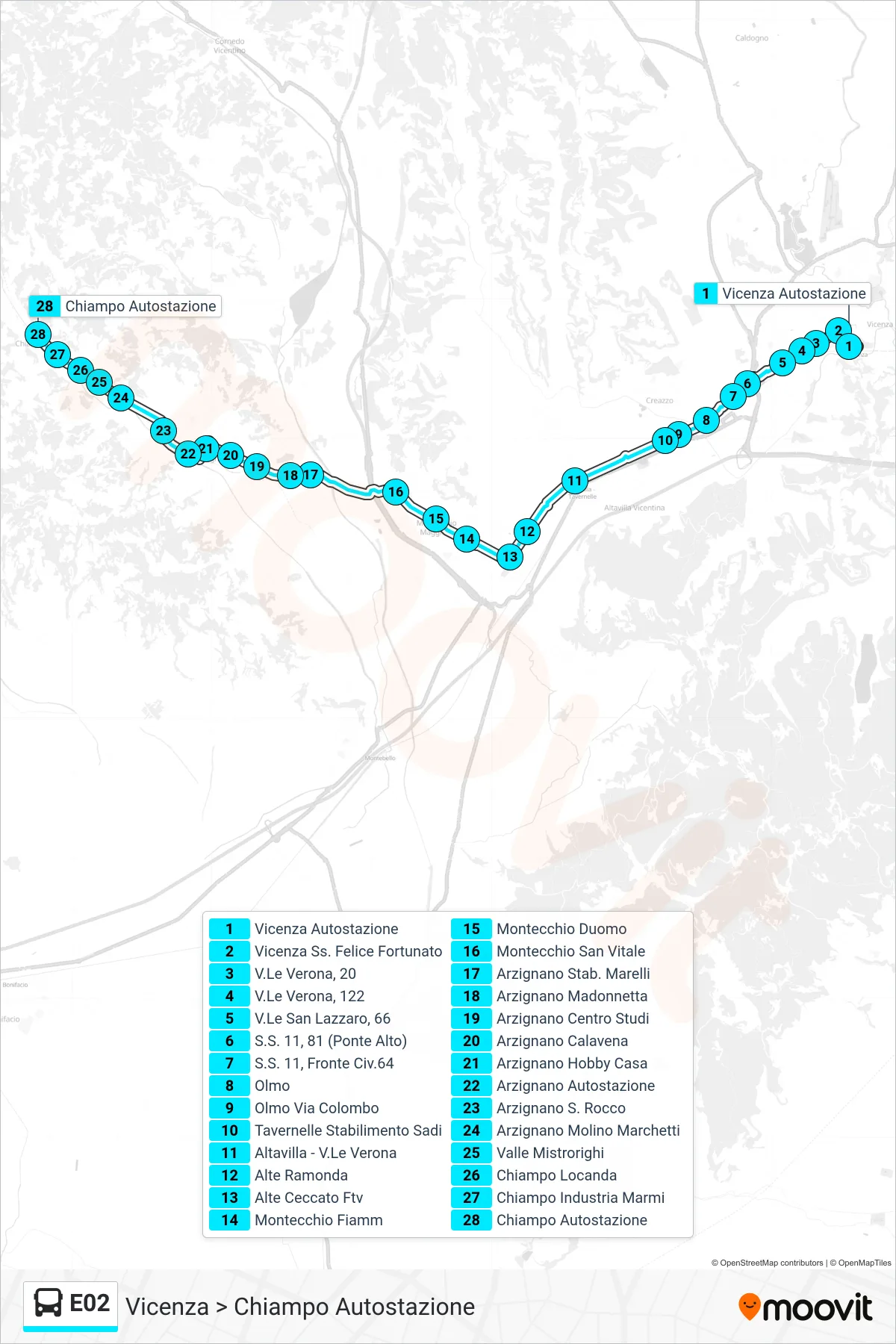 Linea E02 bus (Vicenza > Chiampo Autostazione) - Percorsi e fermate sulla mappa
