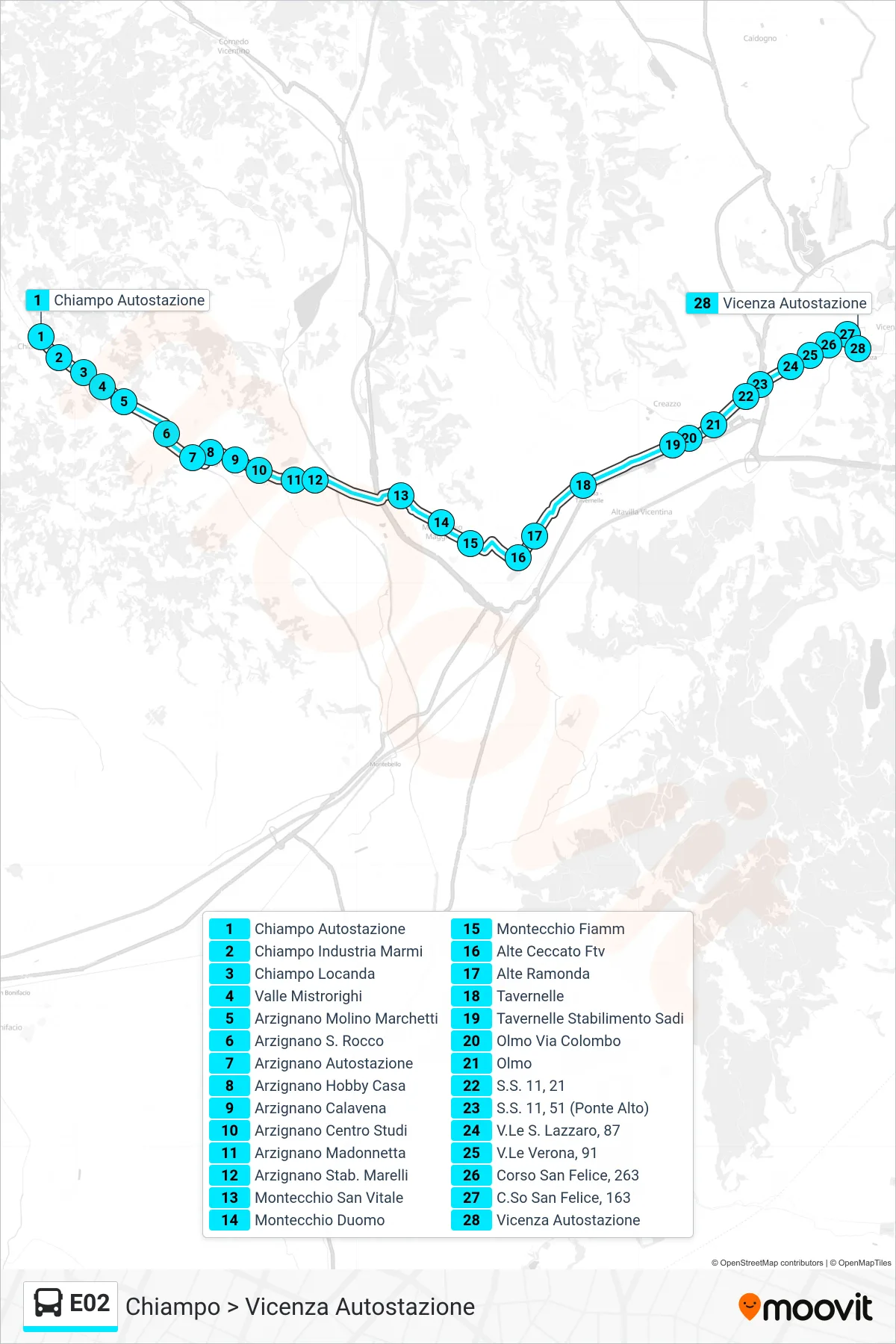 Linea E02 bus (Chiampo > Vicenza Autostazione) - Percorsi e fermate sulla mappa