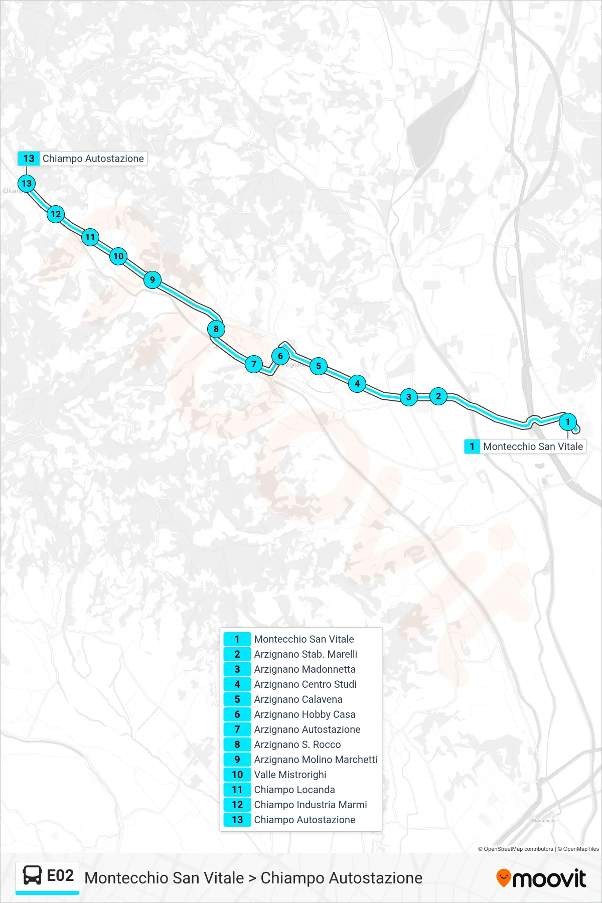 Linea E02 bus (Montecchio San Vitale > Chiampo Autostazione) - Percorsi e fermate sulla mappa