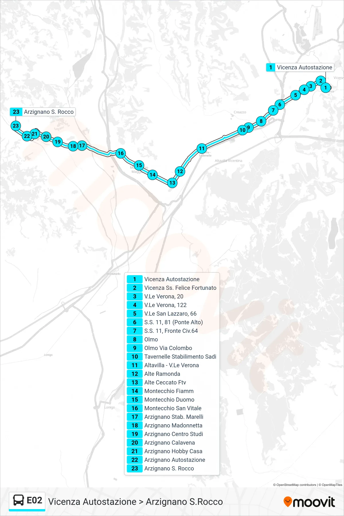 Linea E02 bus (Vicenza Autostazione > Arzignano S.Rocco) - Percorsi e fermate sulla mappa