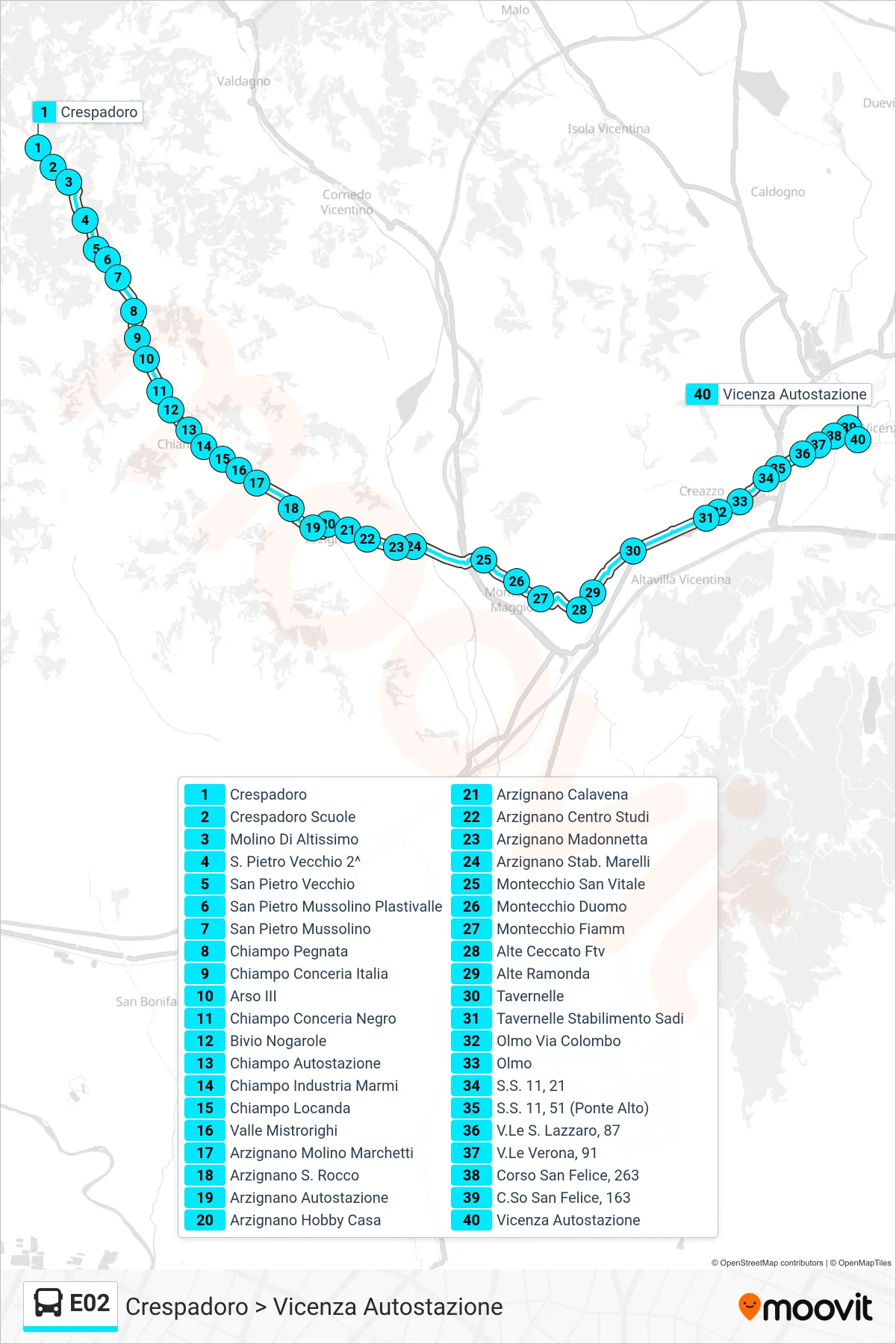 Linea E02  bus (Crespadoro > Vicenza Autostazione) - Percorsi e fermate sulla mappa