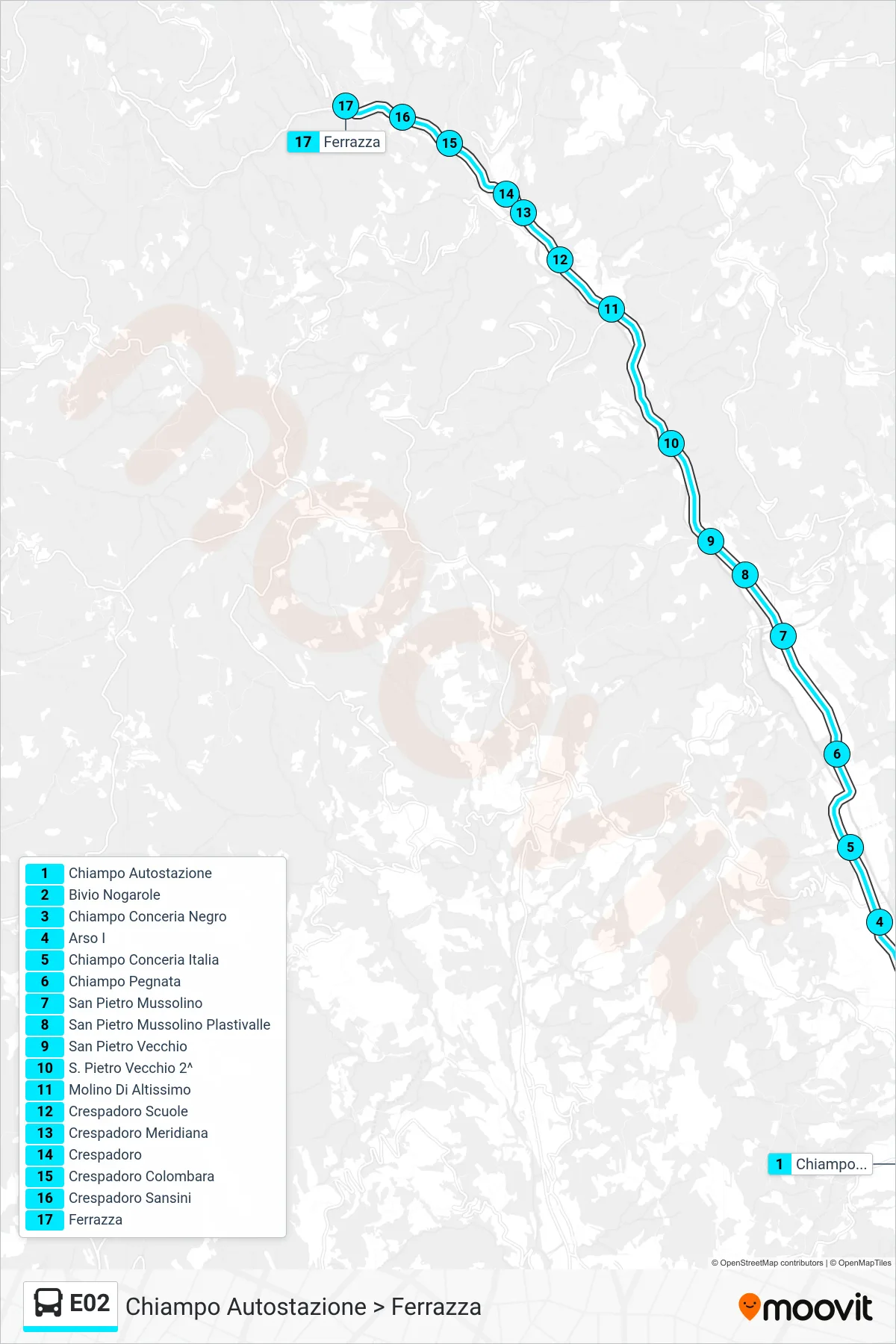 Linea E02  bus (Chiampo Autostazione > Ferrazza) - Percorsi e fermate sulla mappa