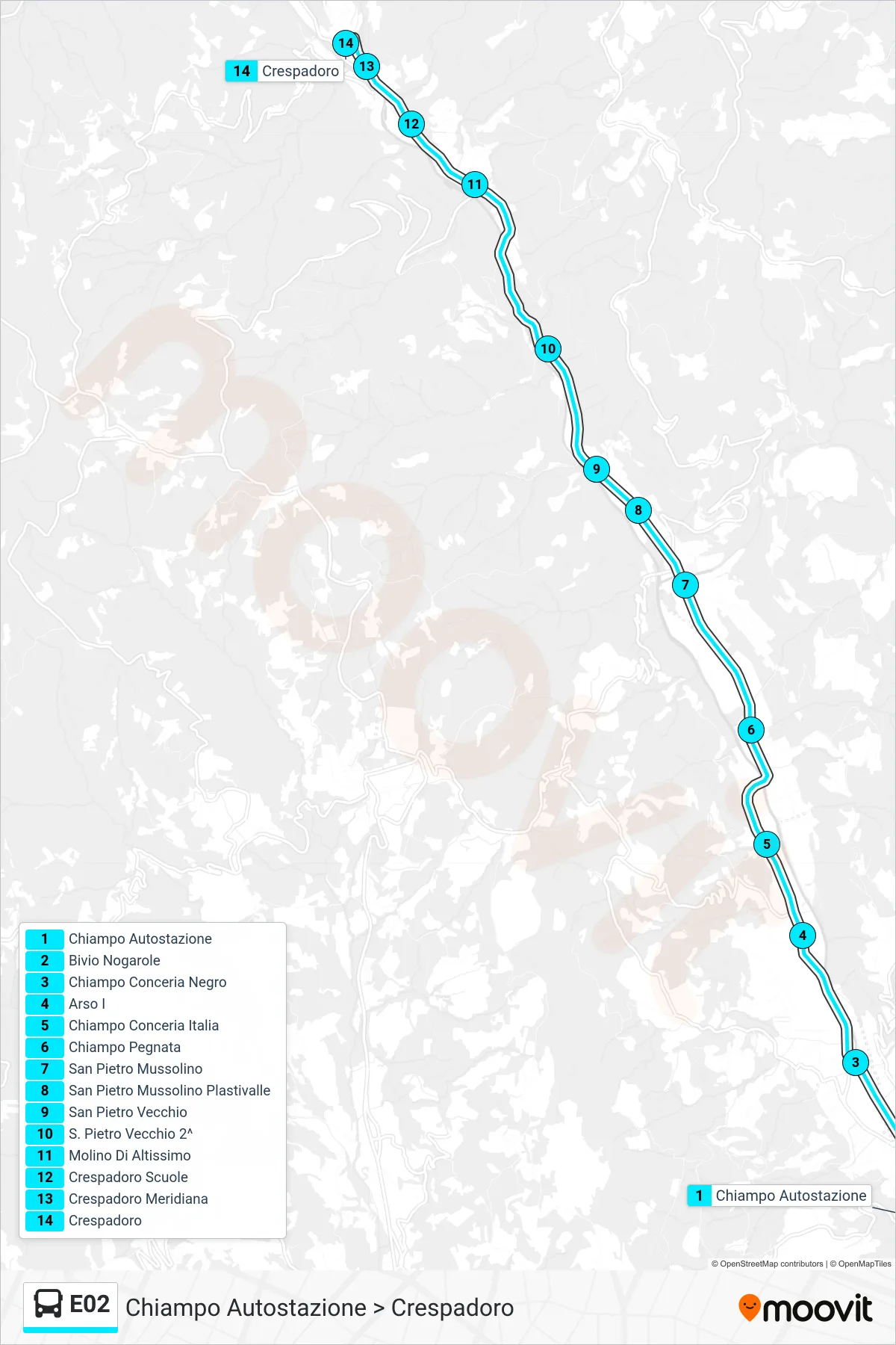 E02 bus Line (Chiampo Bus Station > Crespadoro) route and stops on a map