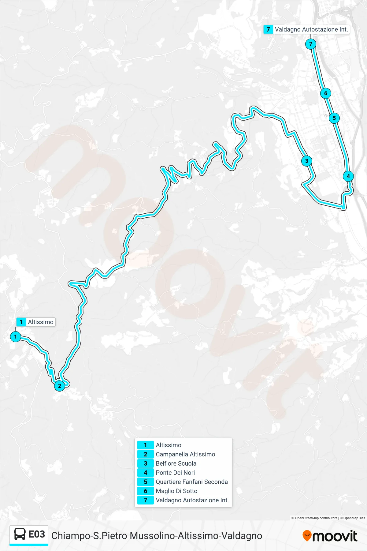 Linea E03  bus (Altissimo > Scuole Belfiore > Valdagno Aut.) - Percorsi e fermate sulla mappa