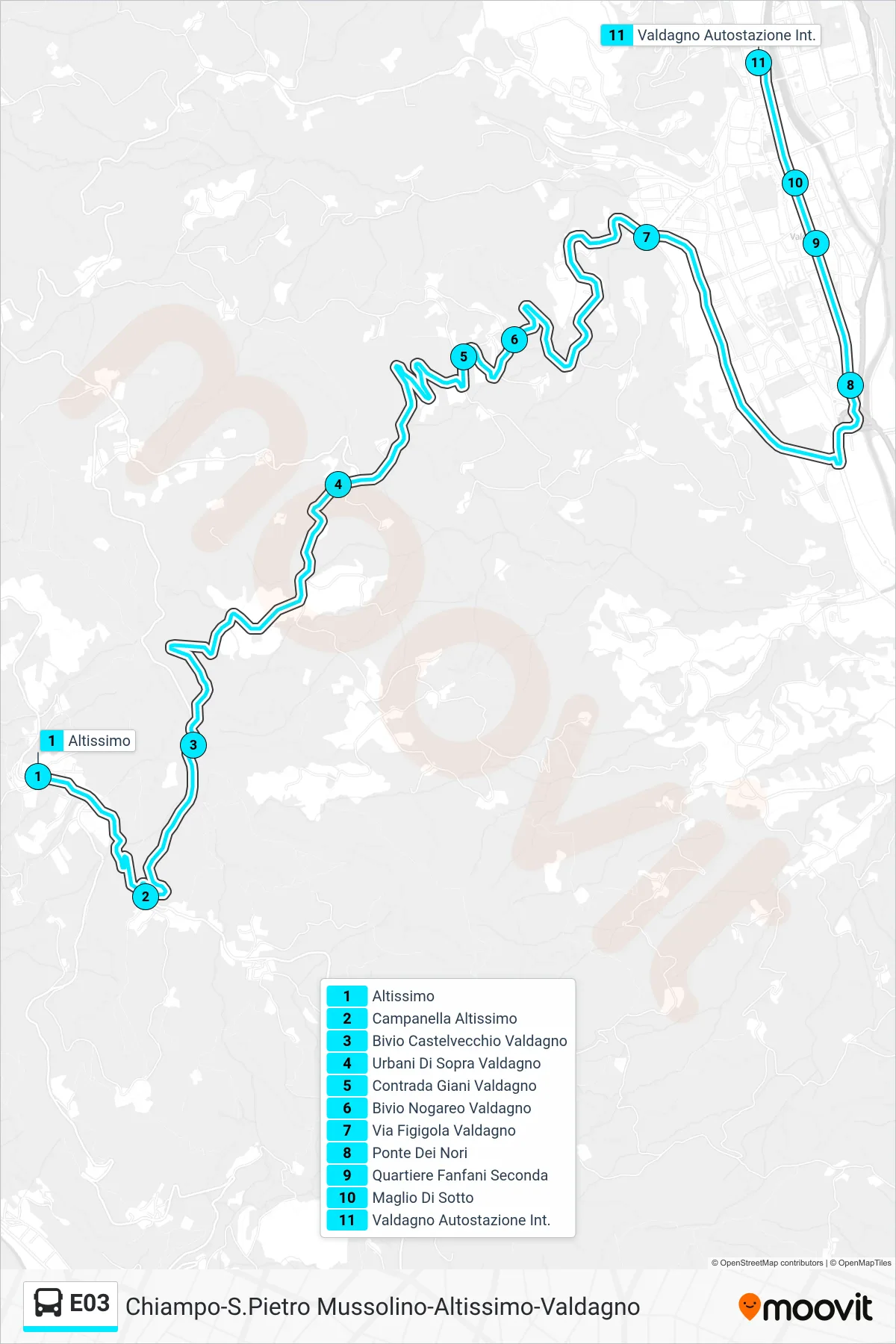 Linea E03  bus (Altissimo > Valdagno Autostazione) - Percorsi e fermate sulla mappa