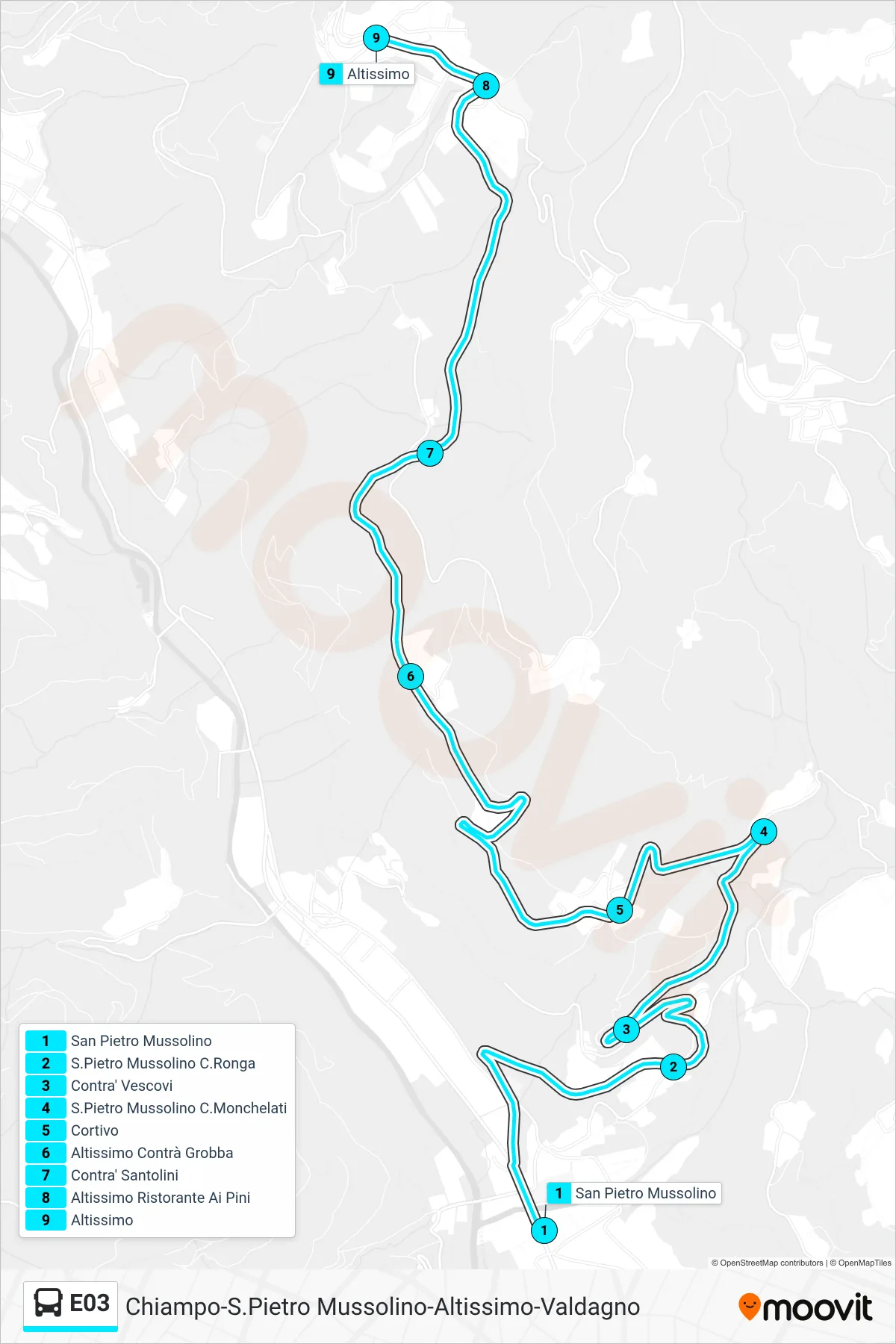 Linea E03 bus (San Pietro Mussolino > Altissimo) - Percorsi e fermate sulla mappa