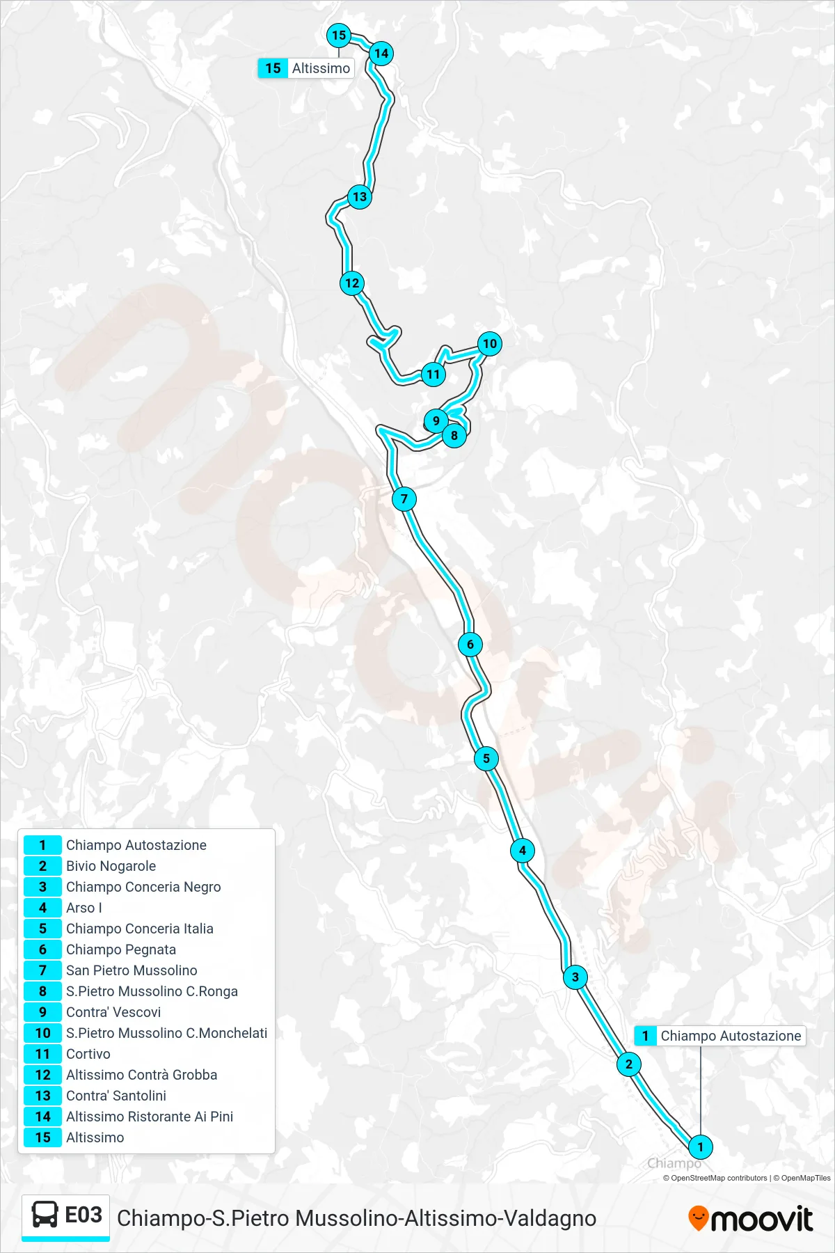 Linea E03  bus (Chiampo Autostazione > Altissimo) - Percorsi e fermate sulla mappa