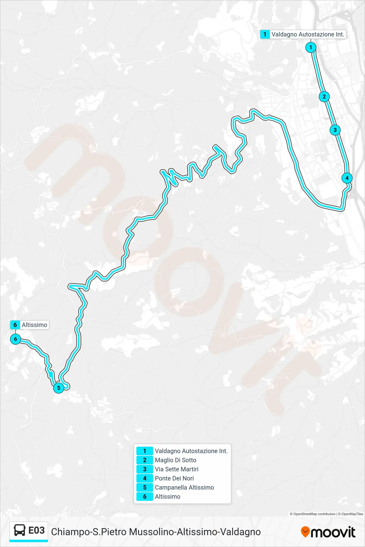 Linea E03 bus (Valdagno Autostazione > Altissimo) - Percorsi e fermate sulla mappa