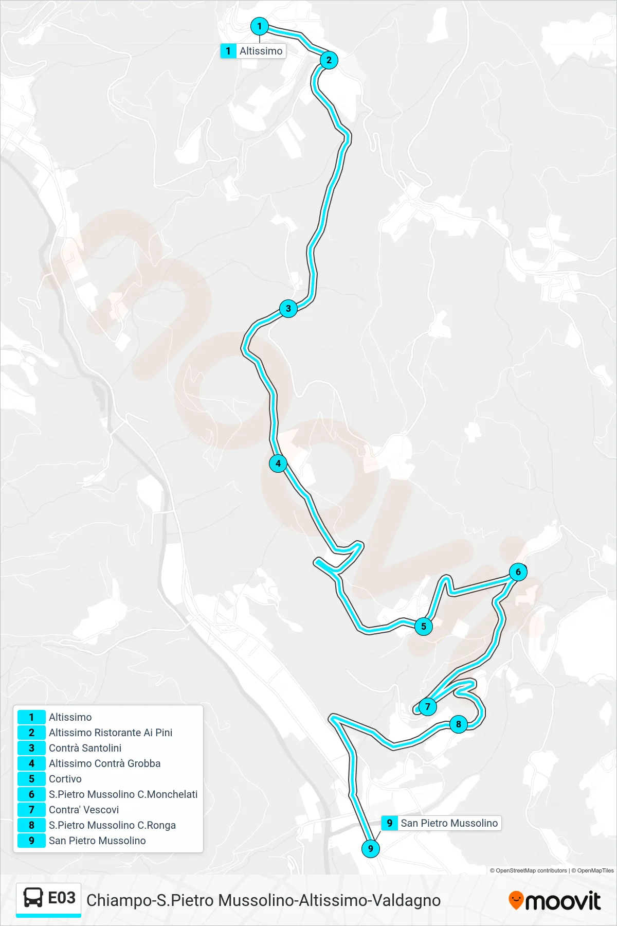 E03 bus Line (Altissimo to San Pietro Mussolino) route and stops on a map