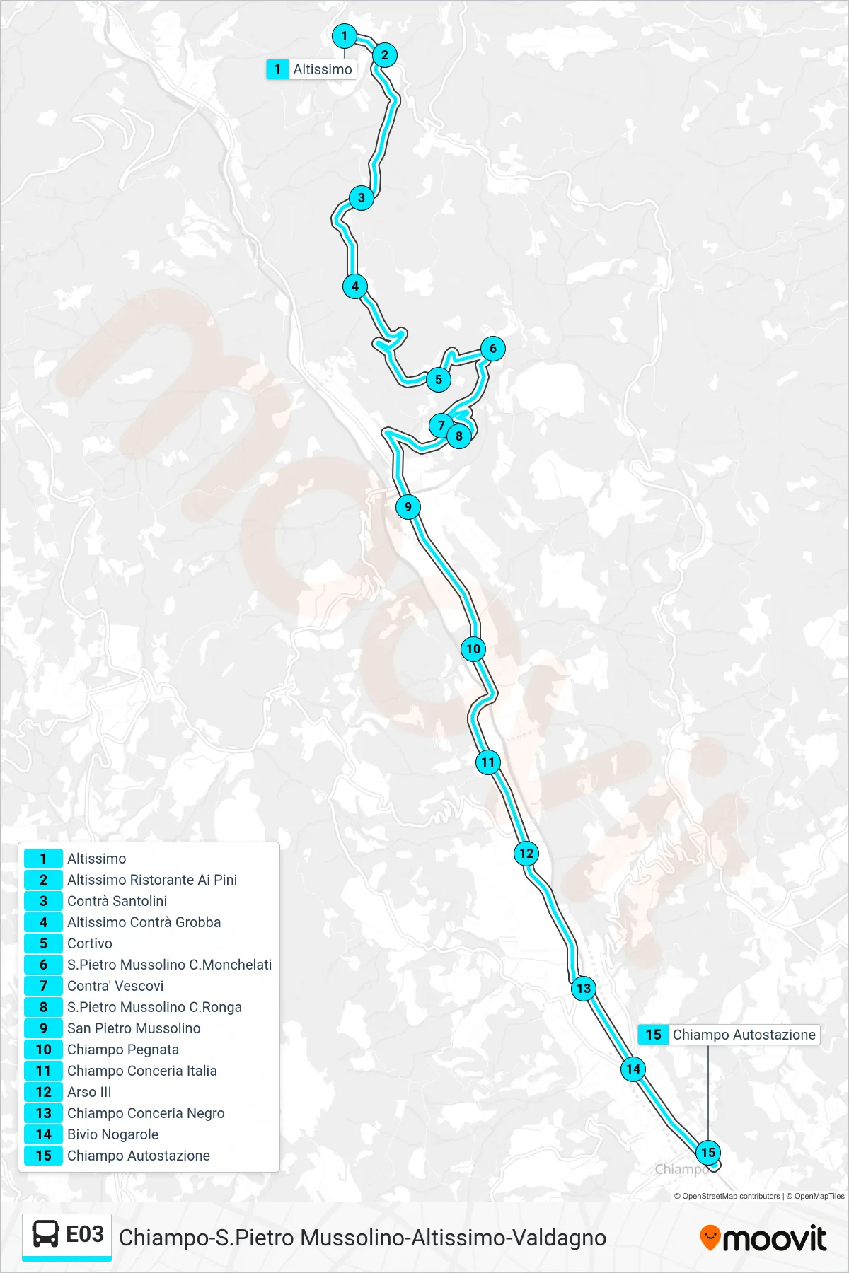 Linea E03 bus (Altissimo > Chiampo Autostazione) - Percorsi e fermate sulla mappa