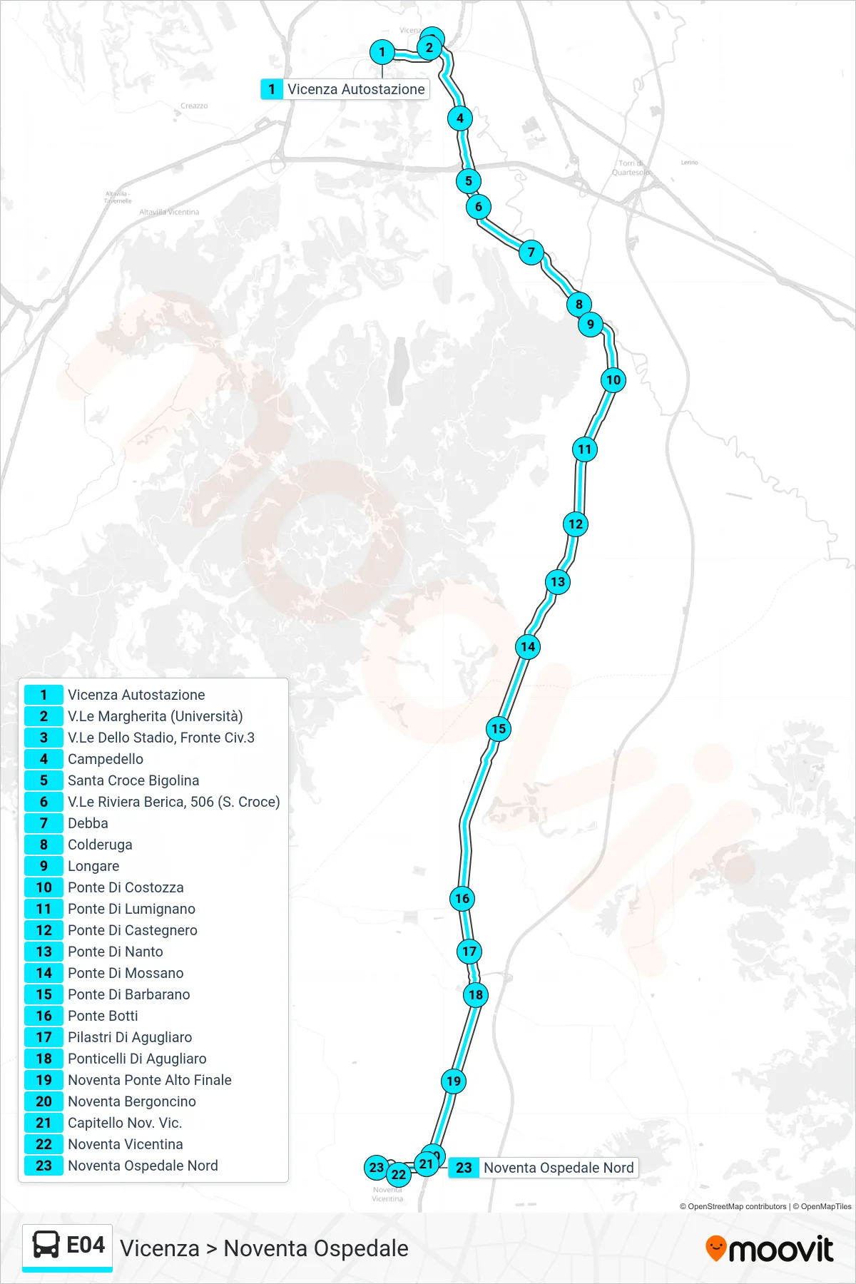 Linea E04  bus (Vicenza > Noventa Ospedale) - Percorsi e fermate sulla mappa