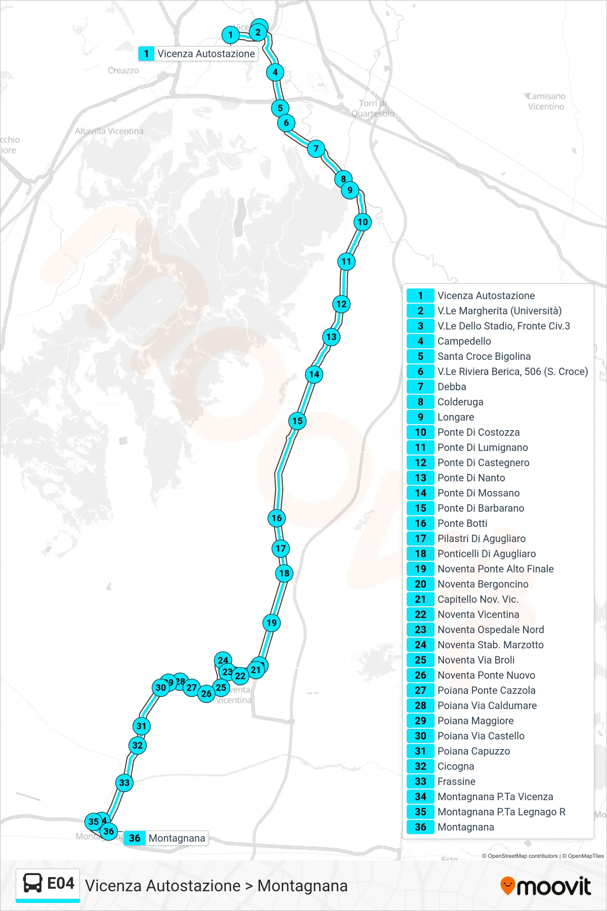 Linea E04 bus (Vicenza Autostazione > Montagnana) - Percorsi e fermate sulla mappa